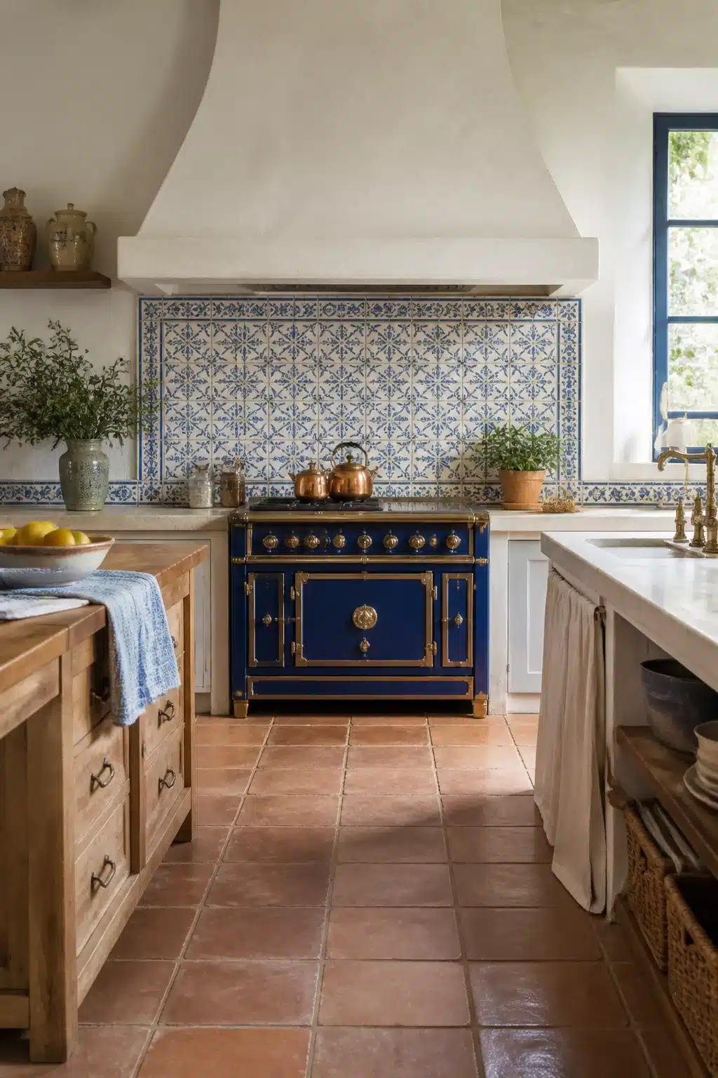 Navy French range with gold hardware and blue-and-white tile backsplash in a Mediterranean kitchen design