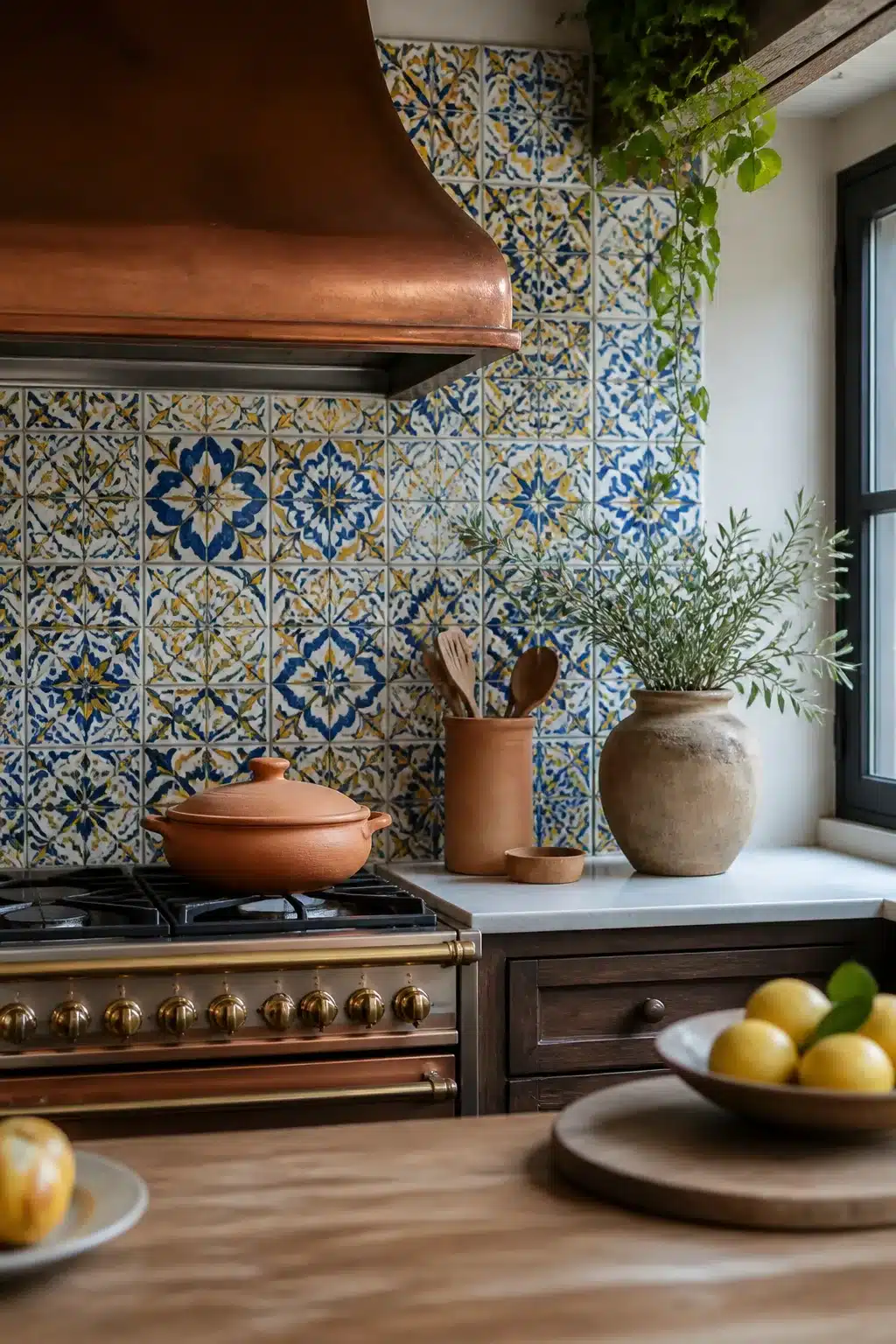 Mediterranean kitchen design with hand-painted Talavera tile backsplash, copper range hood, and terracotta cookware.
