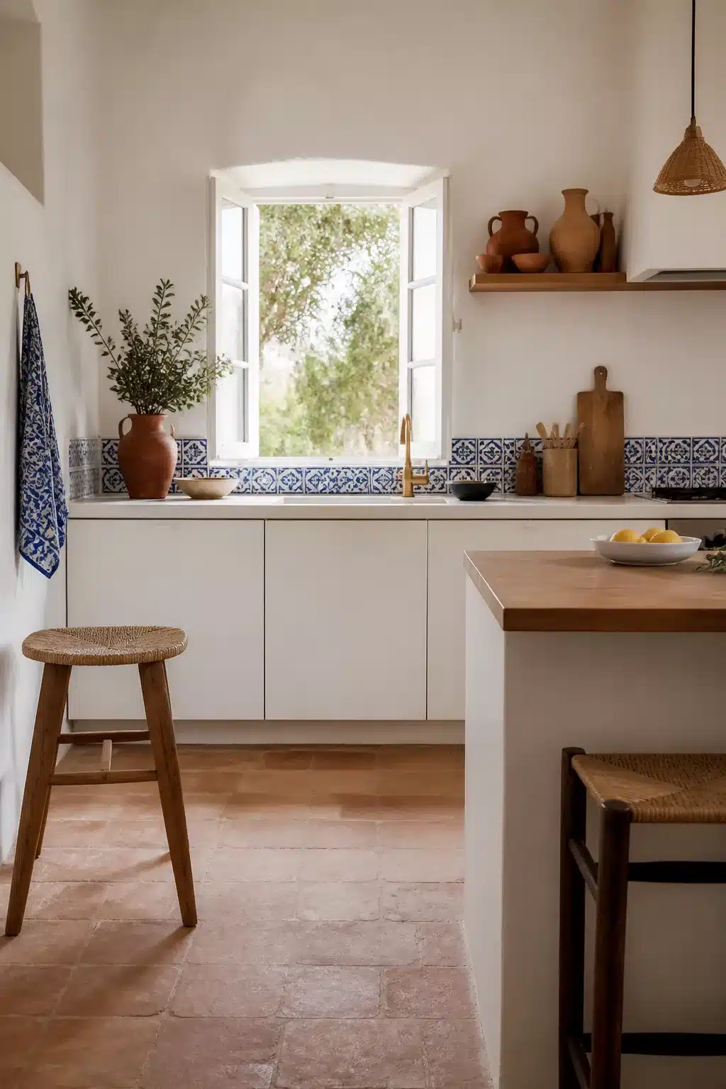 Mediterranean kitchen design with blue and white patterned tile backsplash strip, white cabinets, and terracotta floor