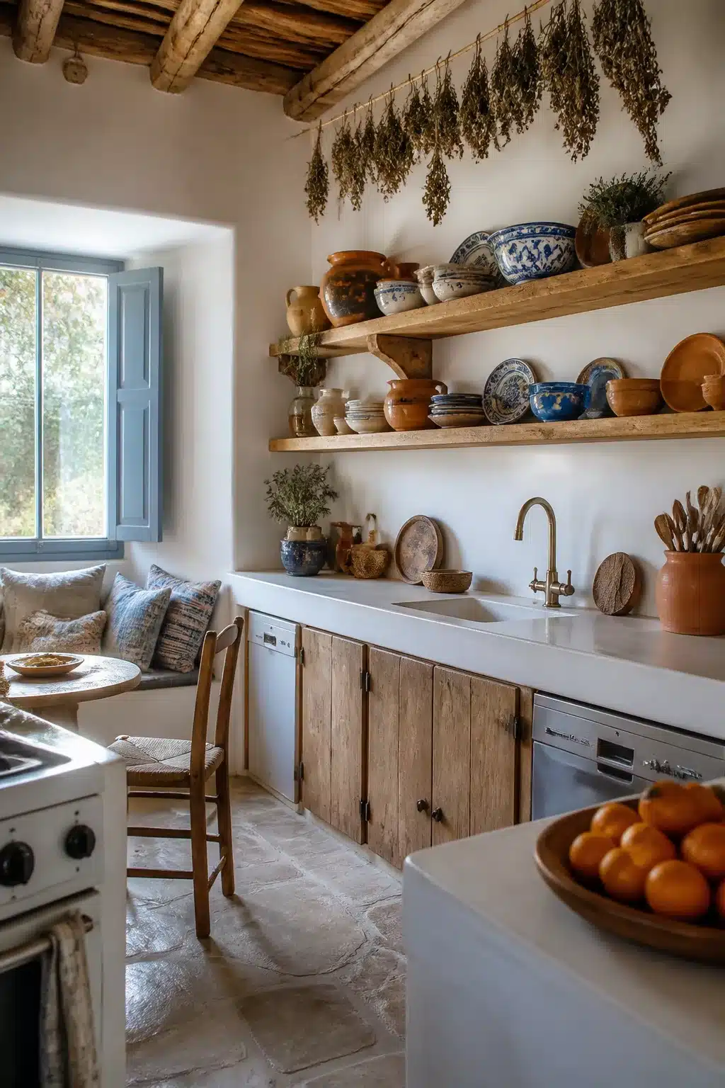 Mediterranean kitchen design with open wooden shelves, layered ceramics, dried herbs, and brass faucet