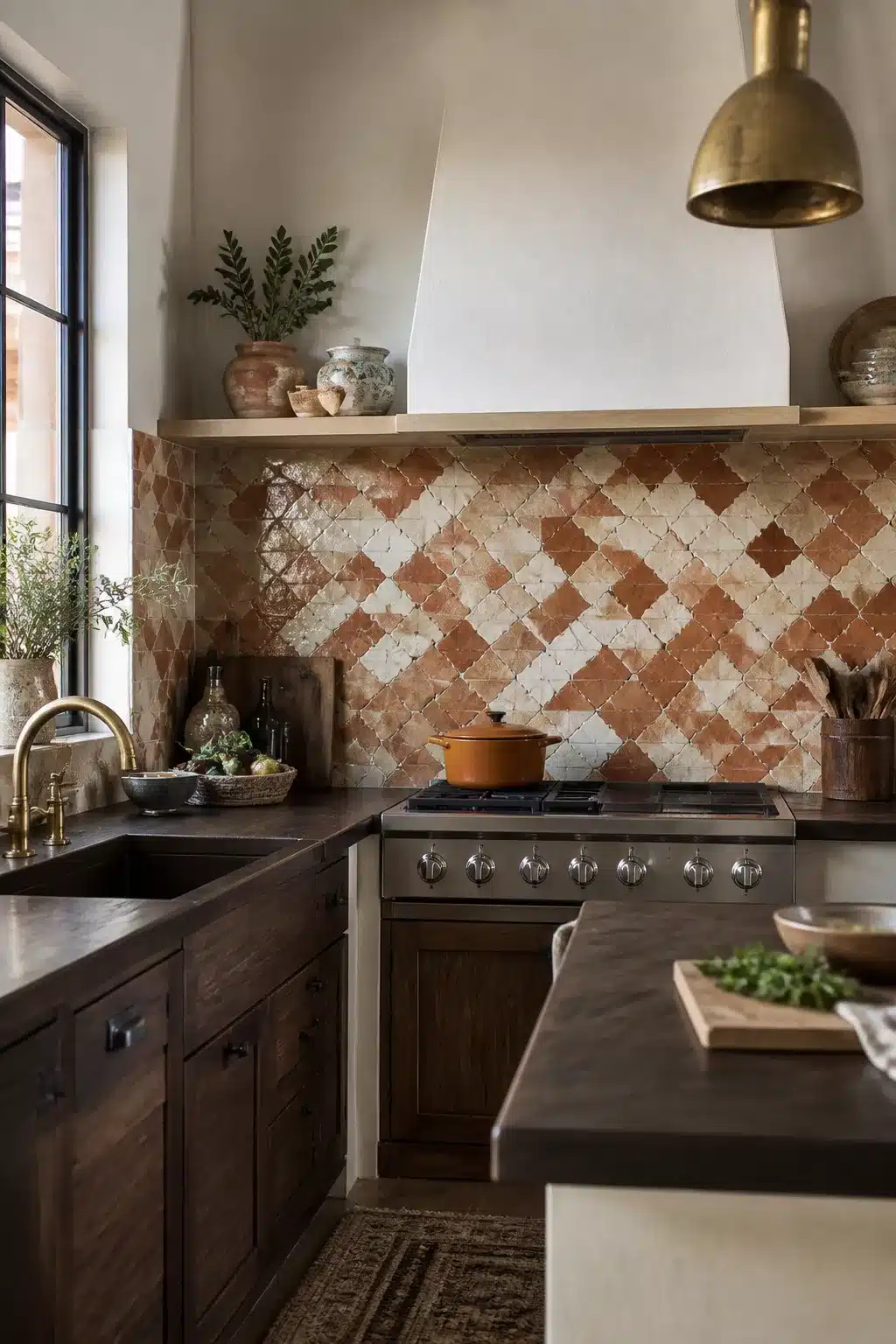 Mediterranean kitchen design with Moroccan zellige tile backsplash, dark walnut cabinets, and brass accents