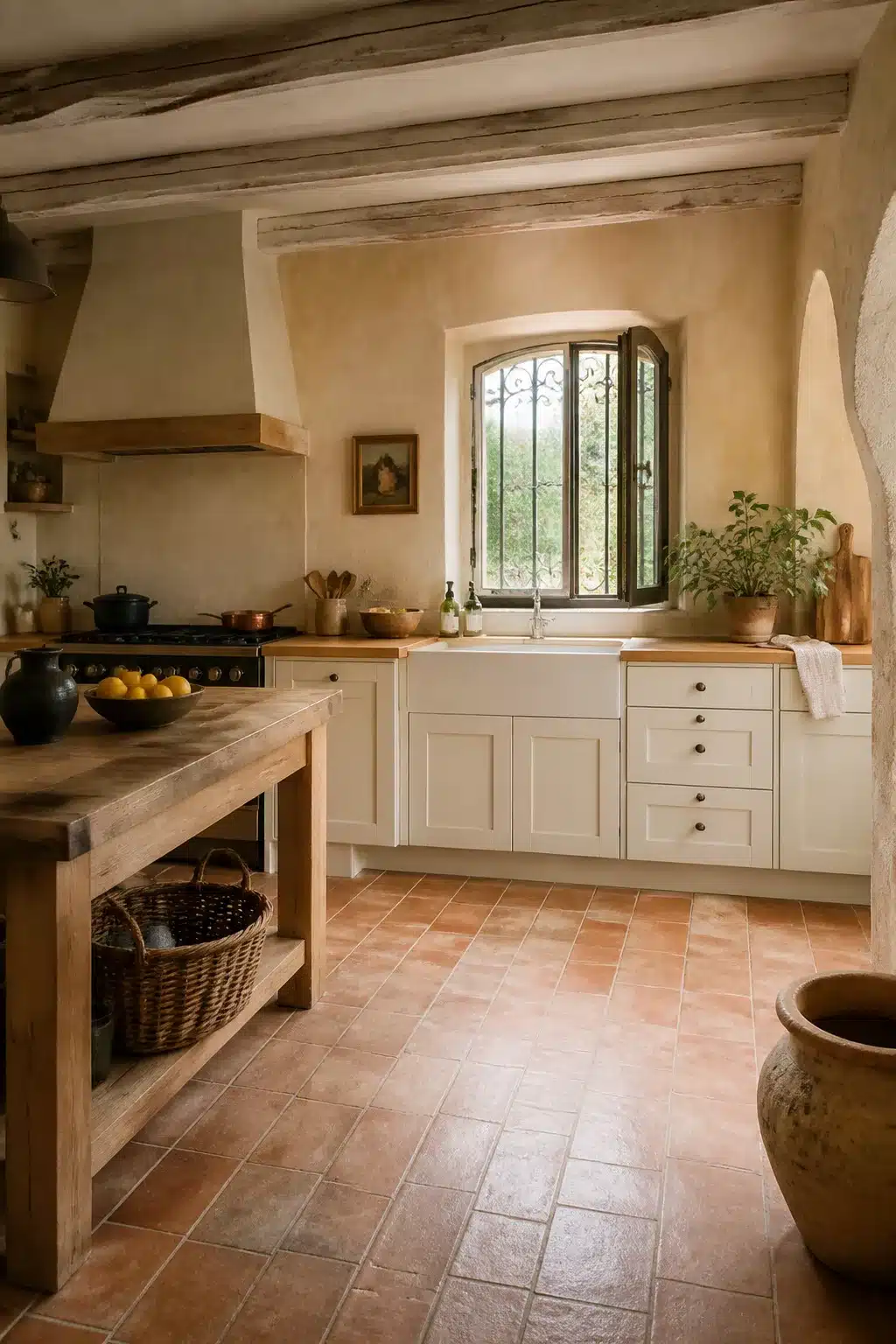 Mediterranean kitchen design with ochre plaster walls, butcher block island, terracotta tile floor, and white cabinets