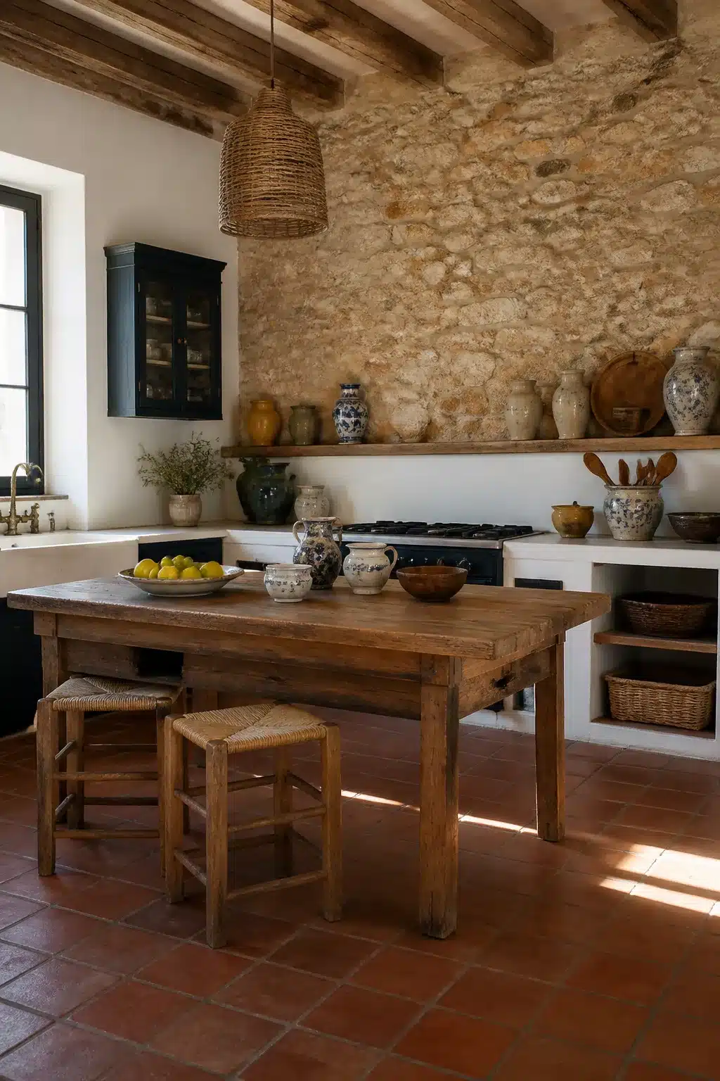 Mediterranean kitchen design with raw stone accent wall, wicker pendant light, reclaimed wood table and open ceramic shelving.