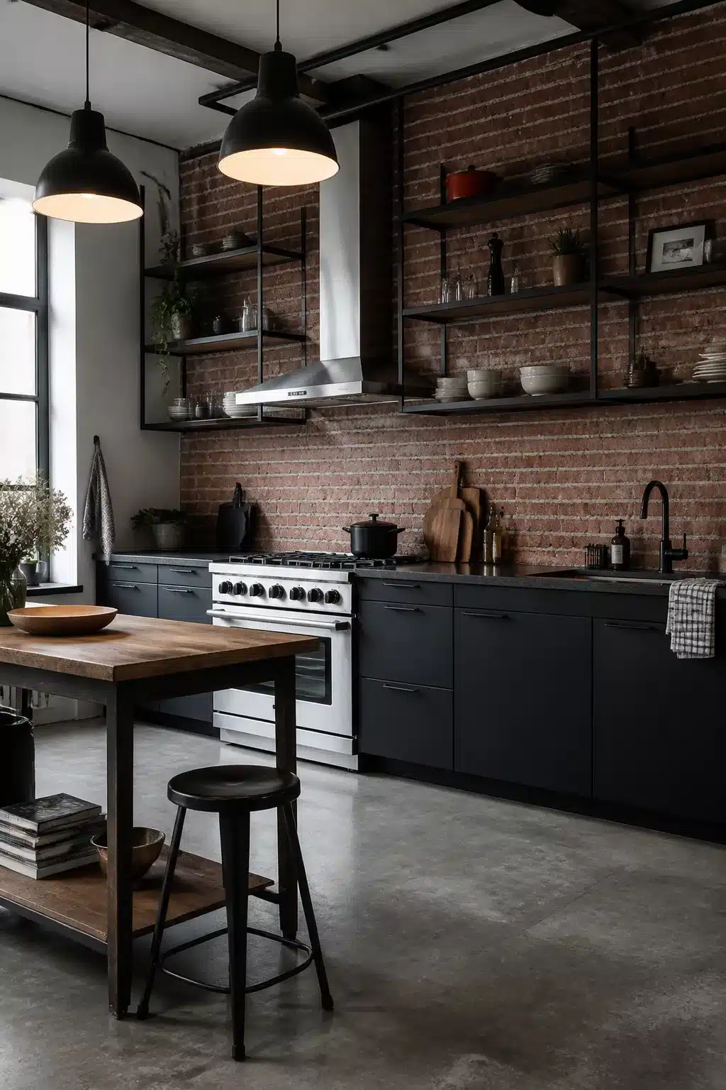 Modern industrial kitchen with matte black cabinets, exposed red brick wall, open steel shelving and concrete floors