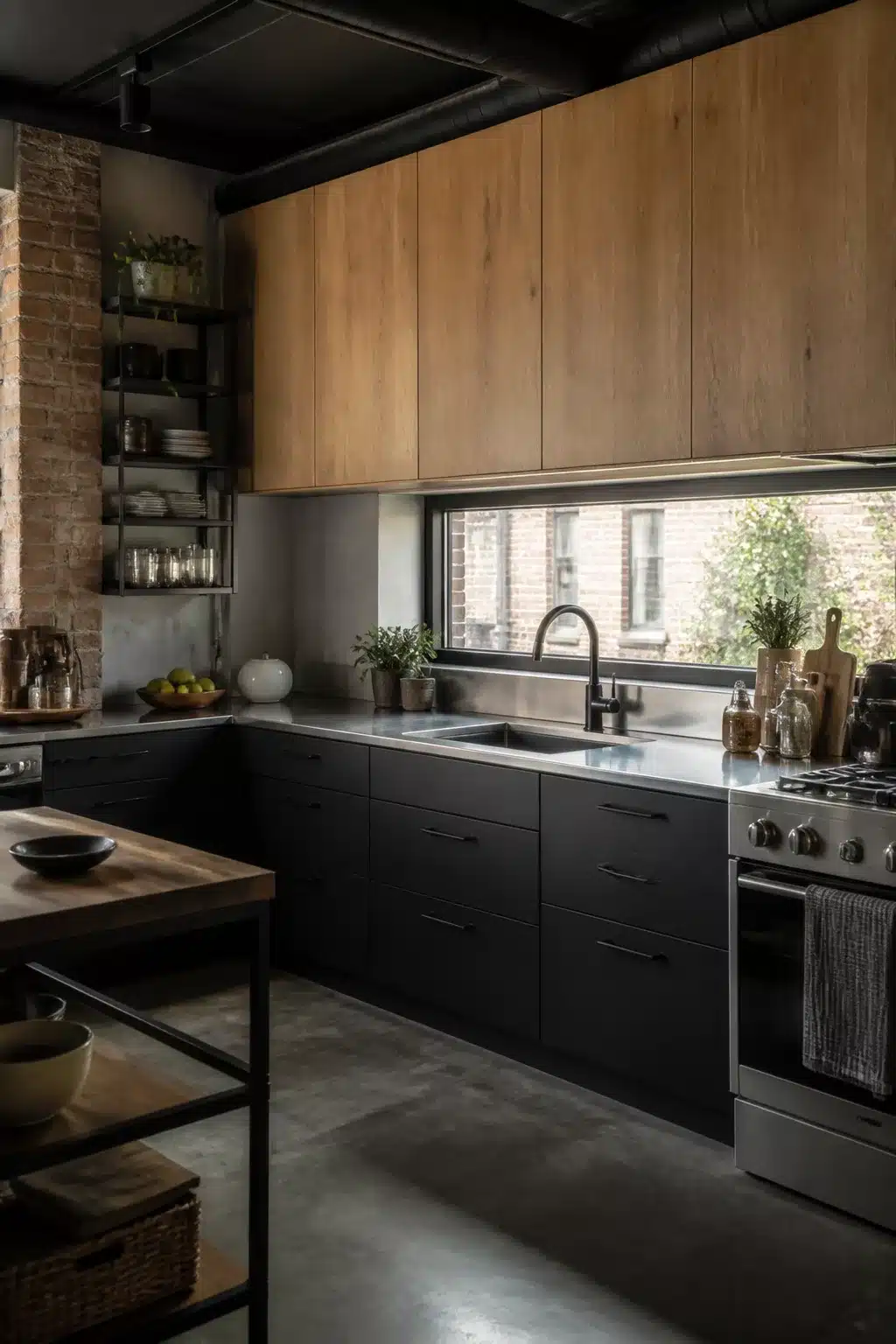 Modern industrial kitchen with natural oak upper cabinets, black lower cabinets, and concrete countertops
