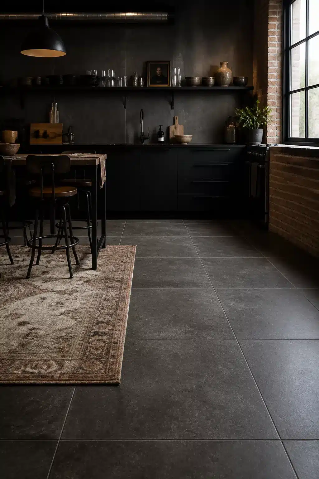 Modern industrial kitchen with large dark concrete-look tile floor, black cabinets, open shelving, and a vintage runner rug