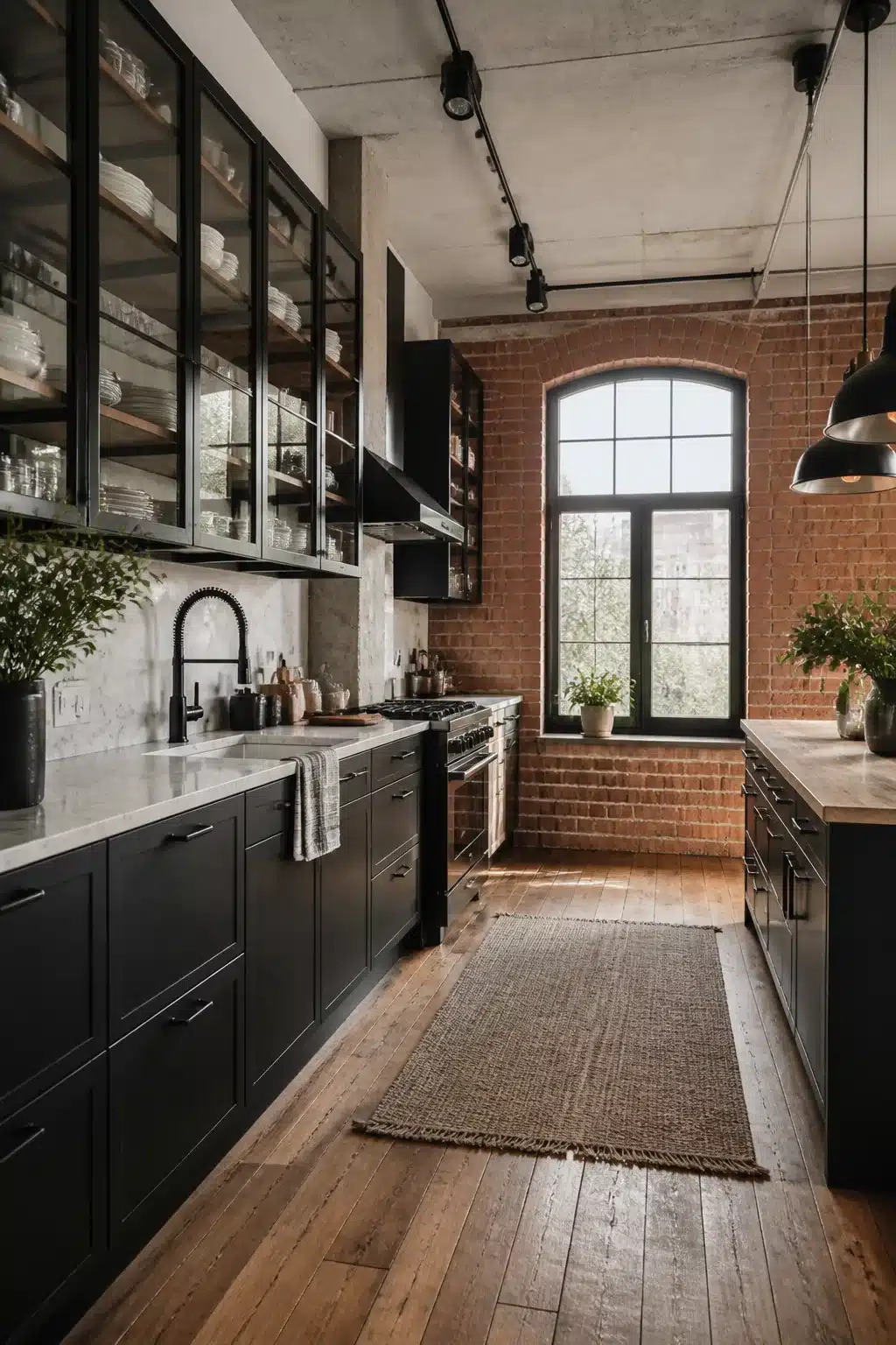 Modern industrial kitchen with steel-framed glass cabinets, marble counters, exposed brick wall, and arched factory window.