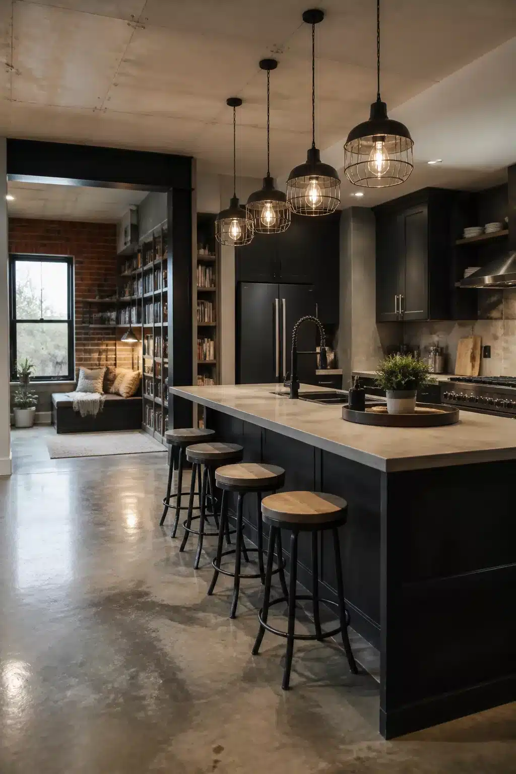 Modern industrial kitchen with cage and dome pendant cluster over dark island and polished concrete floor