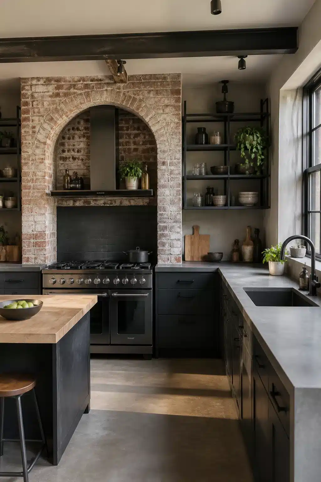 Modern industrial kitchen with exposed brick arch alcove, matte black range, and concrete countertops
