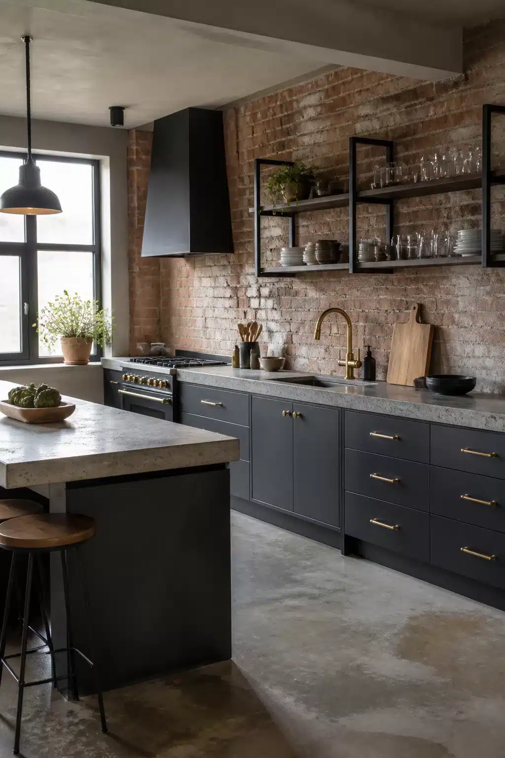 Modern industrial kitchen with charcoal cabinets, brass hardware, exposed brick wall, and concrete countertops