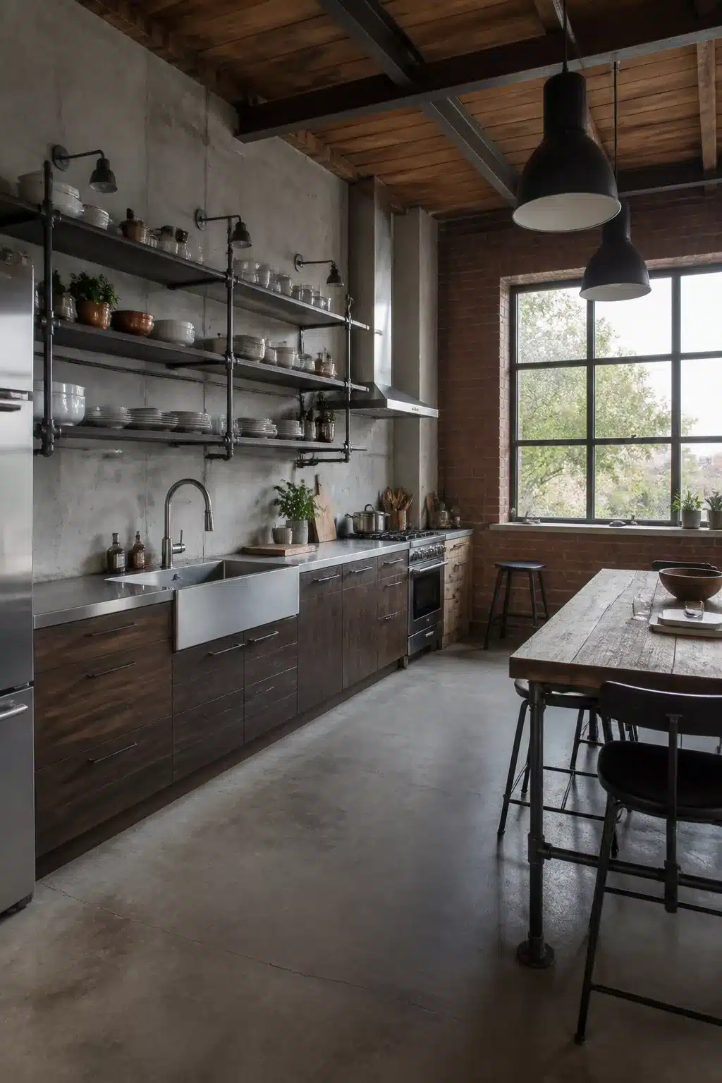 Modern industrial kitchen with stainless steel countertops, dark wood cabinets, open pipe shelving and concrete floors