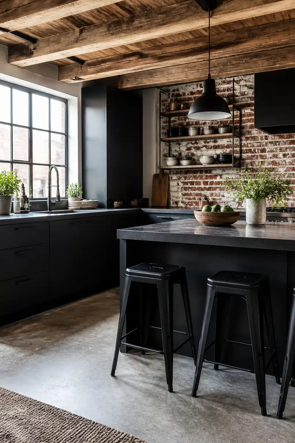 Reclaimed wood ceiling beams over black cabinets and concrete island in a modern industrial kitchen