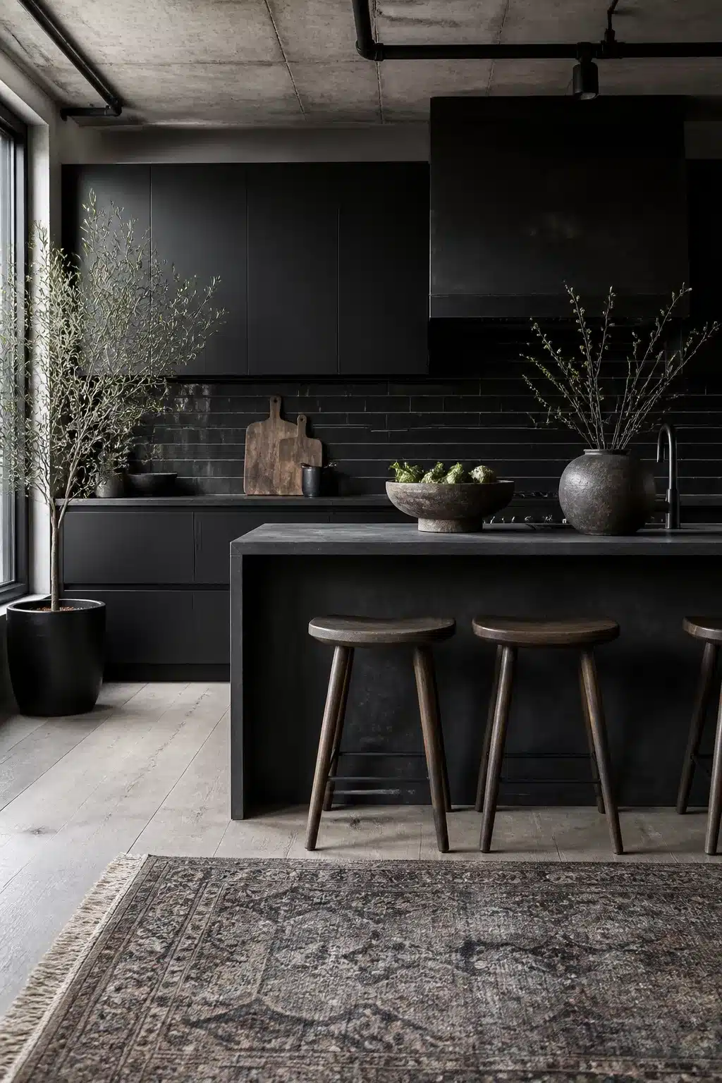 Minimalist modern industrial kitchen with all-black cabinetry, concrete island, exposed ceiling ducts, and vintage rug