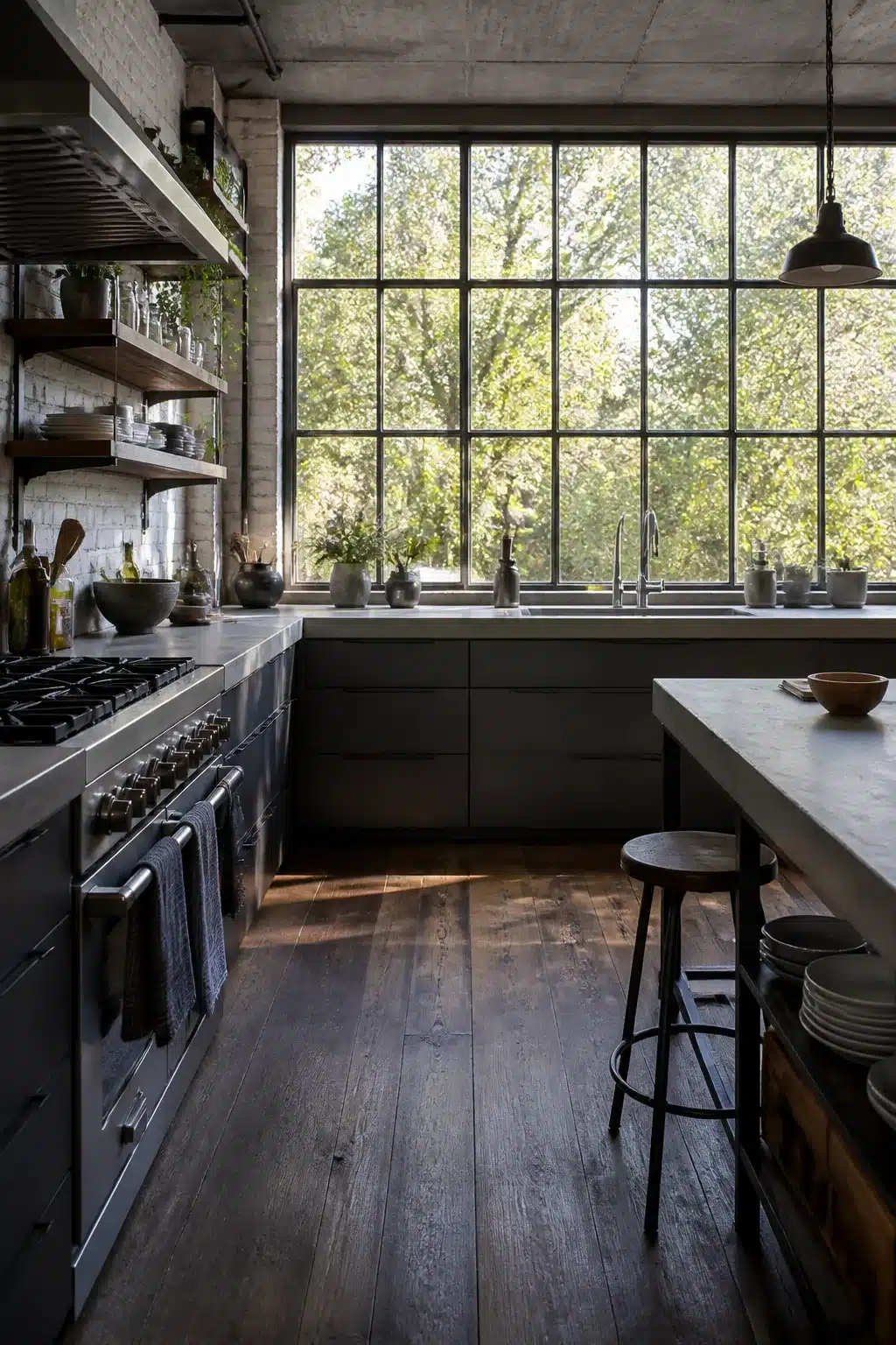 Modern industrial kitchen with steel grid window wall, dark cabinetry, and reclaimed wood floors.