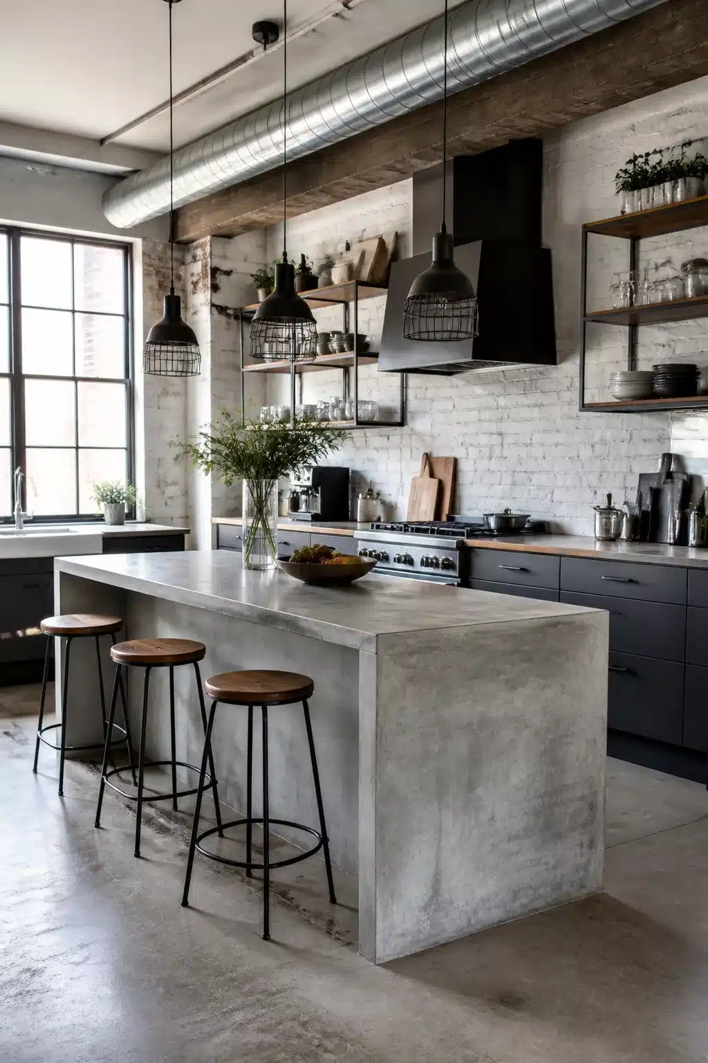 Modern industrial kitchen with poured concrete island, polished cement floor, dark cabinetry and open metal shelving