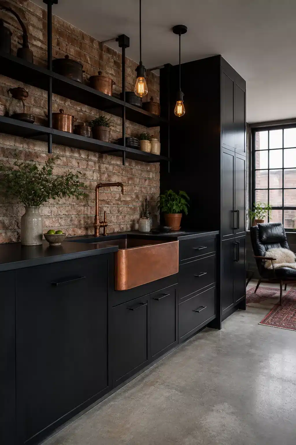 Modern industrial kitchen with copper farmhouse sink, black shaker cabinets, exposed brick wall, and Edison pendants