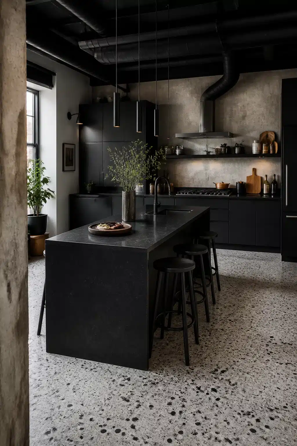 Modern industrial kitchen with terrazzo floor, exposed black ductwork, dark stone island, and matte black cabinetry