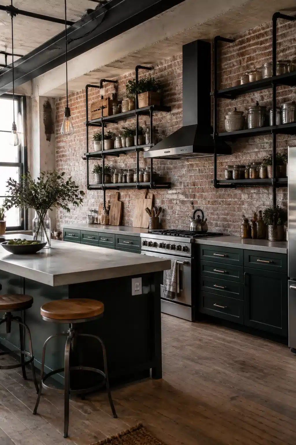 Modern industrial kitchen with dark green cabinets, black pipe shelving, exposed brick wall, and concrete countertops