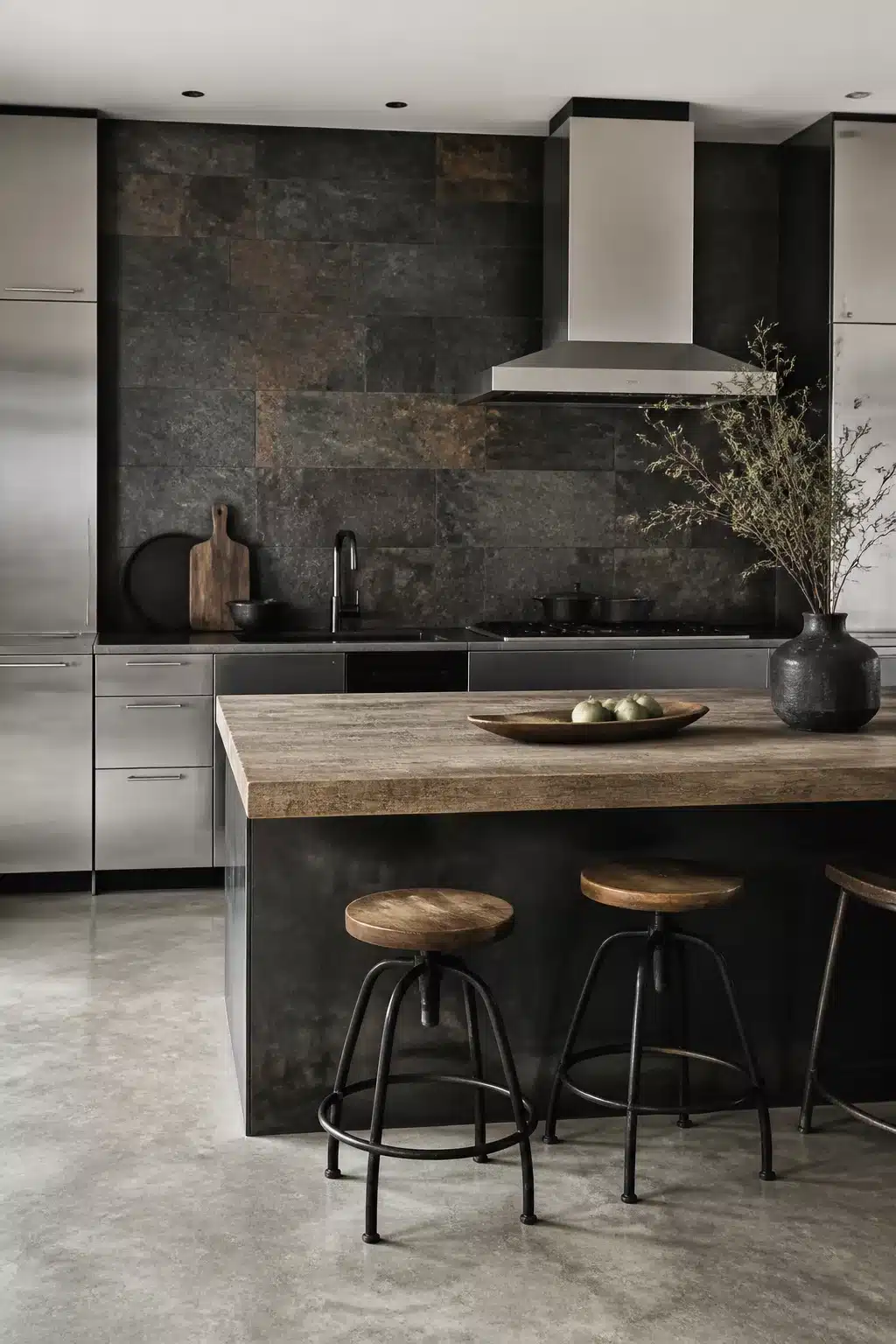 Slate tile backsplash and stainless steel cabinets in a modern industrial kitchen with wood island top