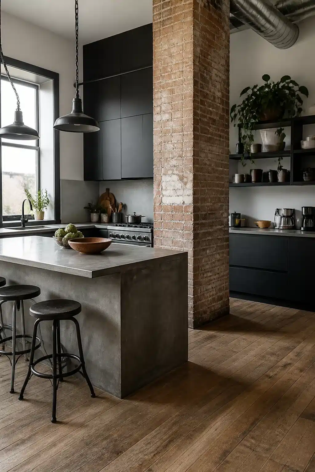 Modern industrial kitchen with exposed brick pillar, concrete island, dark flat-front cabinets, and warm wood floors.