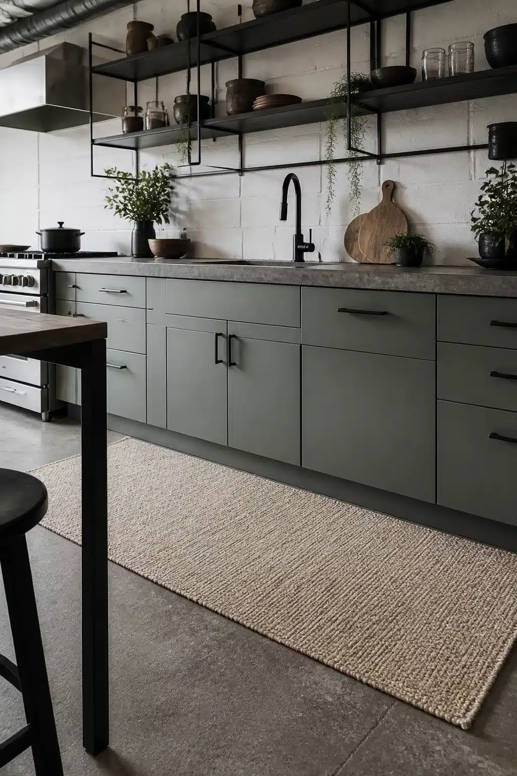 Sage green cabinets with black steel open shelving in a modern industrial kitchen with concrete countertops