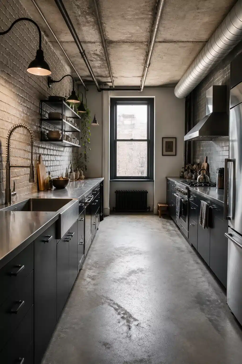 Galley modern industrial kitchen with exposed ductwork, stainless counters, dark cabinets, raw brick wall, and concrete floor