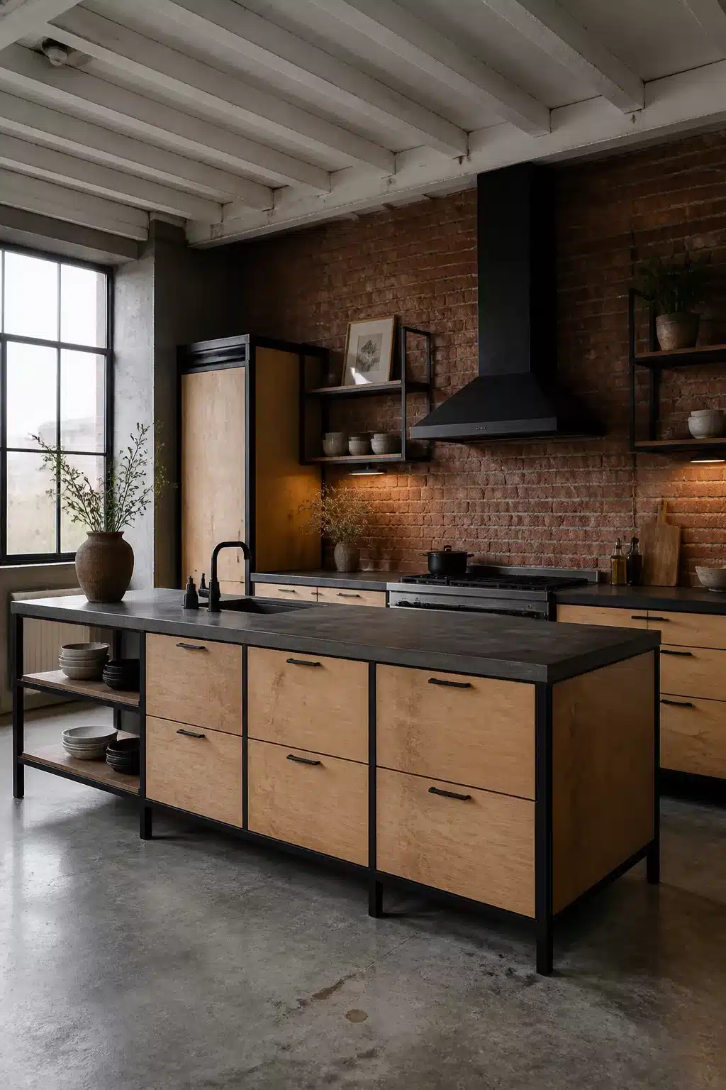 Modern industrial kitchen with raw plywood island drawers, black steel frame, exposed brick wall, and concrete floors