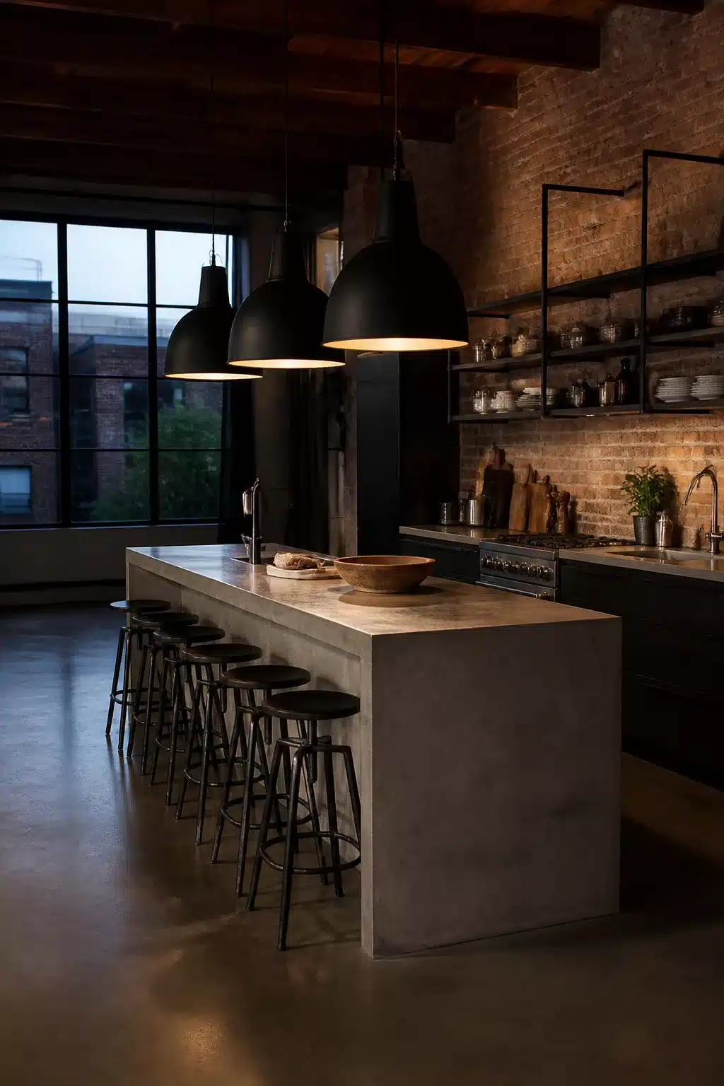 Modern industrial kitchen with oversized black dome pendants over a raw concrete island and exposed brick walls.