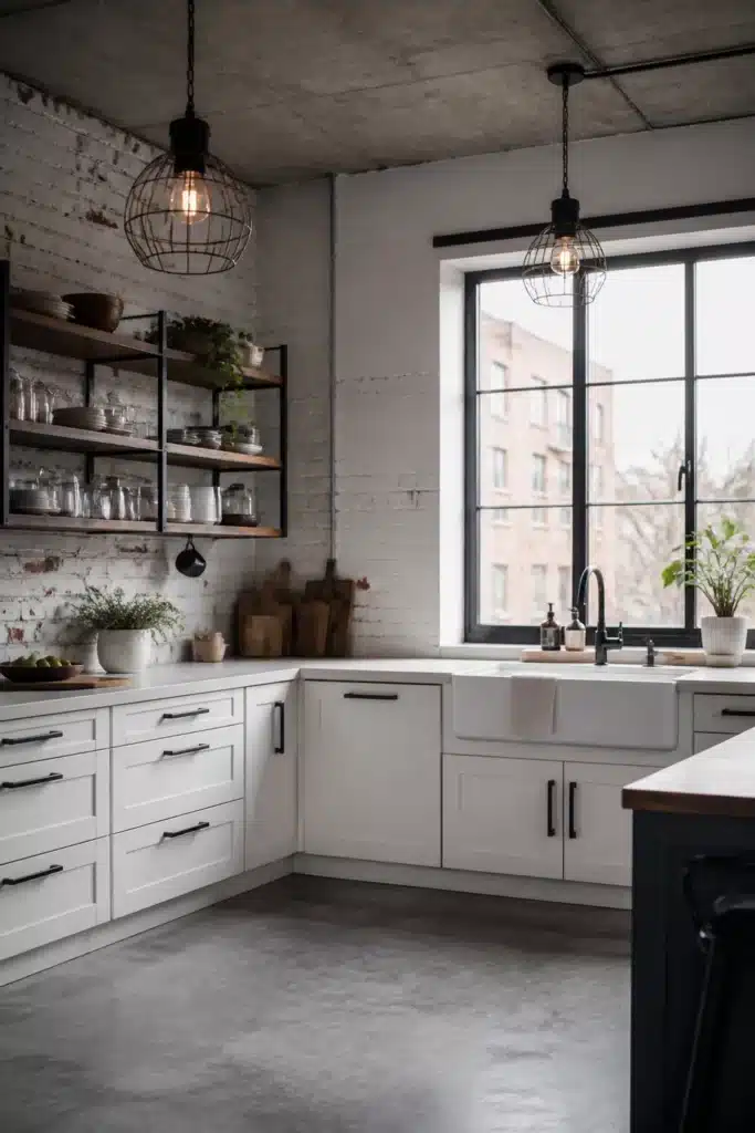 Modern industrial kitchen with white exposed brick, matte black hardware, open metal shelving and farmhouse sink