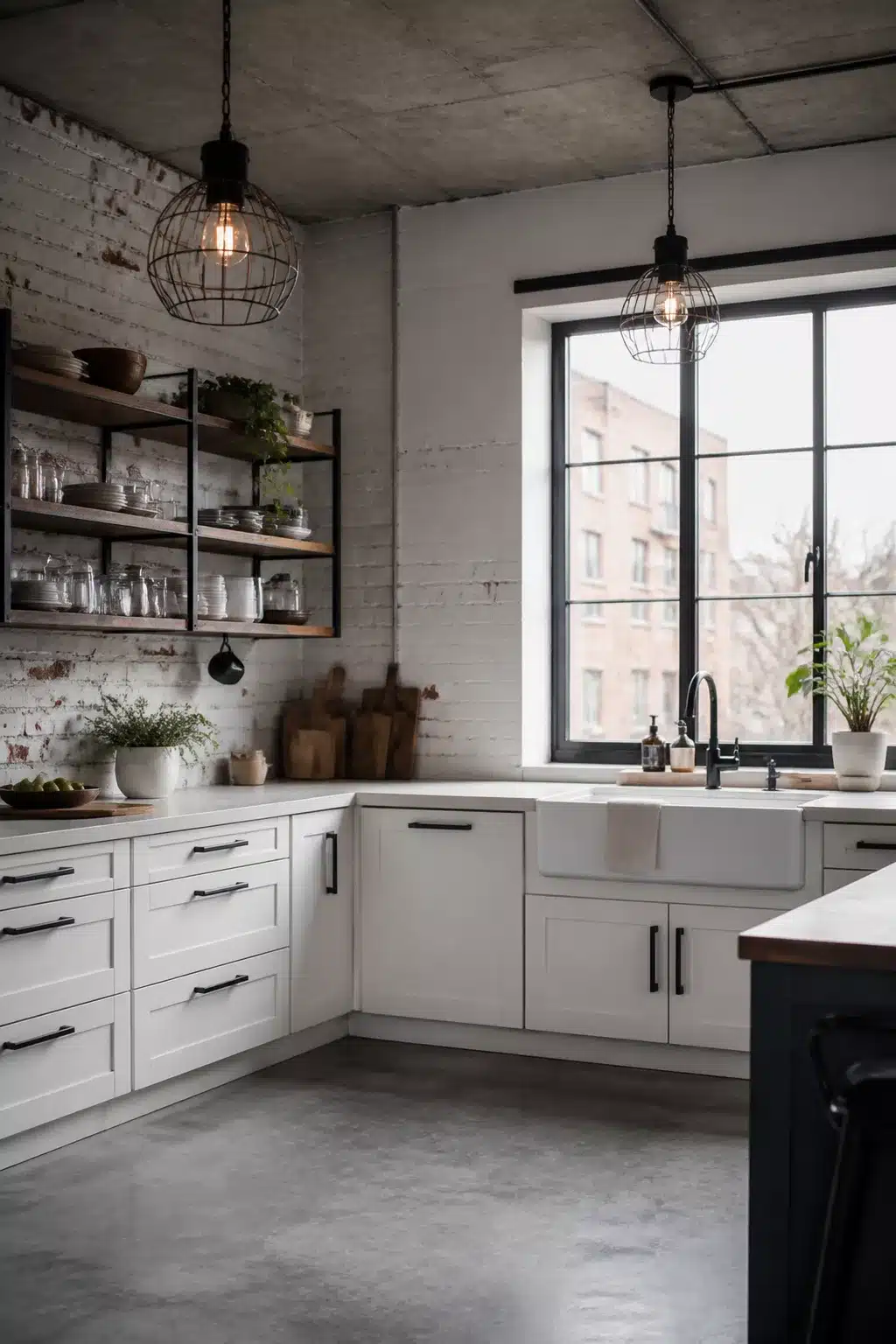 Modern industrial kitchen with white exposed brick, matte black hardware, open metal shelving and farmhouse sink