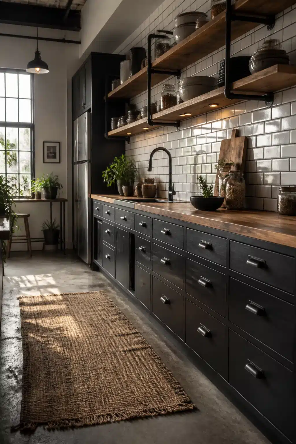 Modern industrial kitchen with black pipe shelving, wood slabs, dark cabinets and white subway tile backsplash