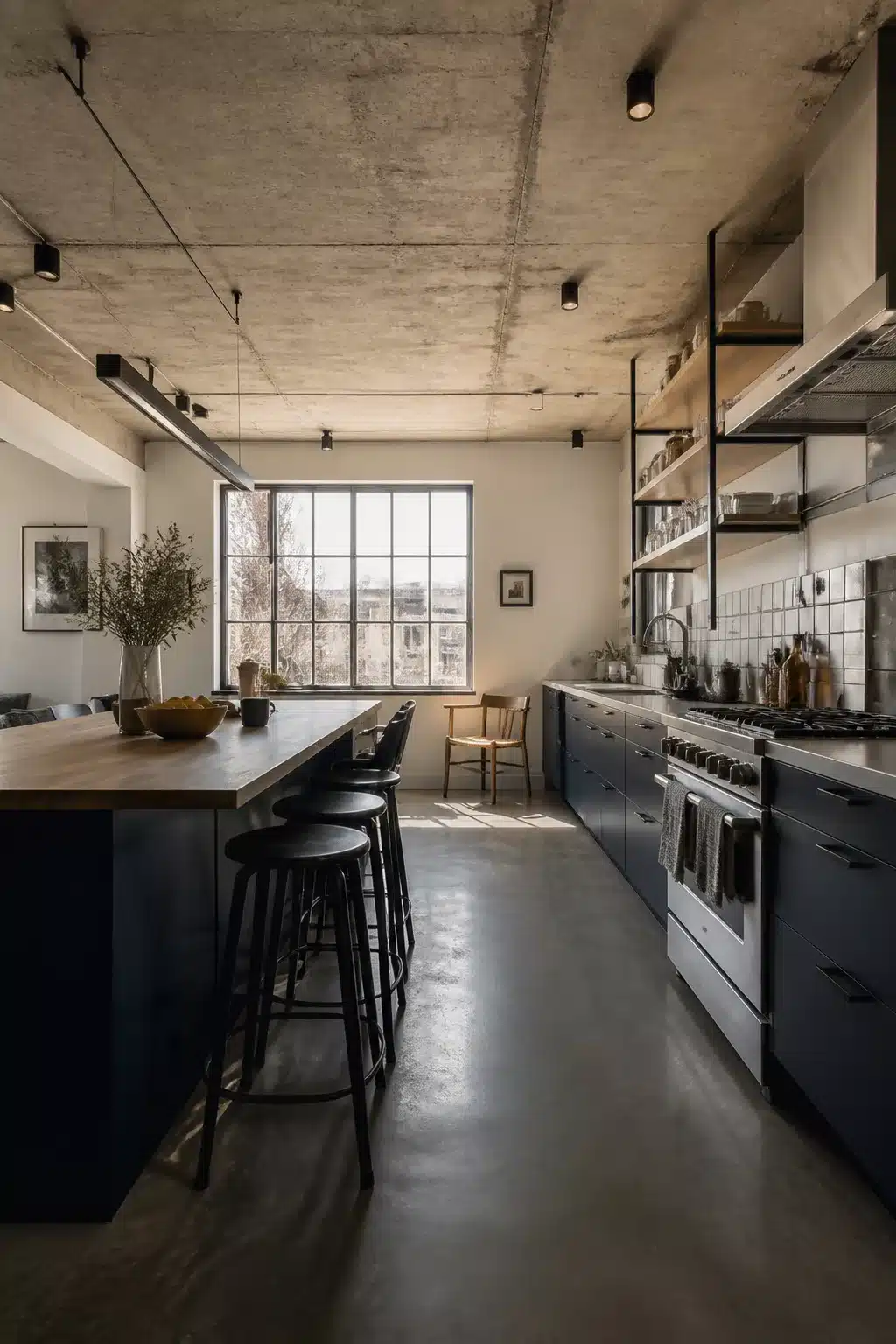Modern industrial kitchen with raw concrete ceiling, navy cabinets, polished concrete floors and track lighting