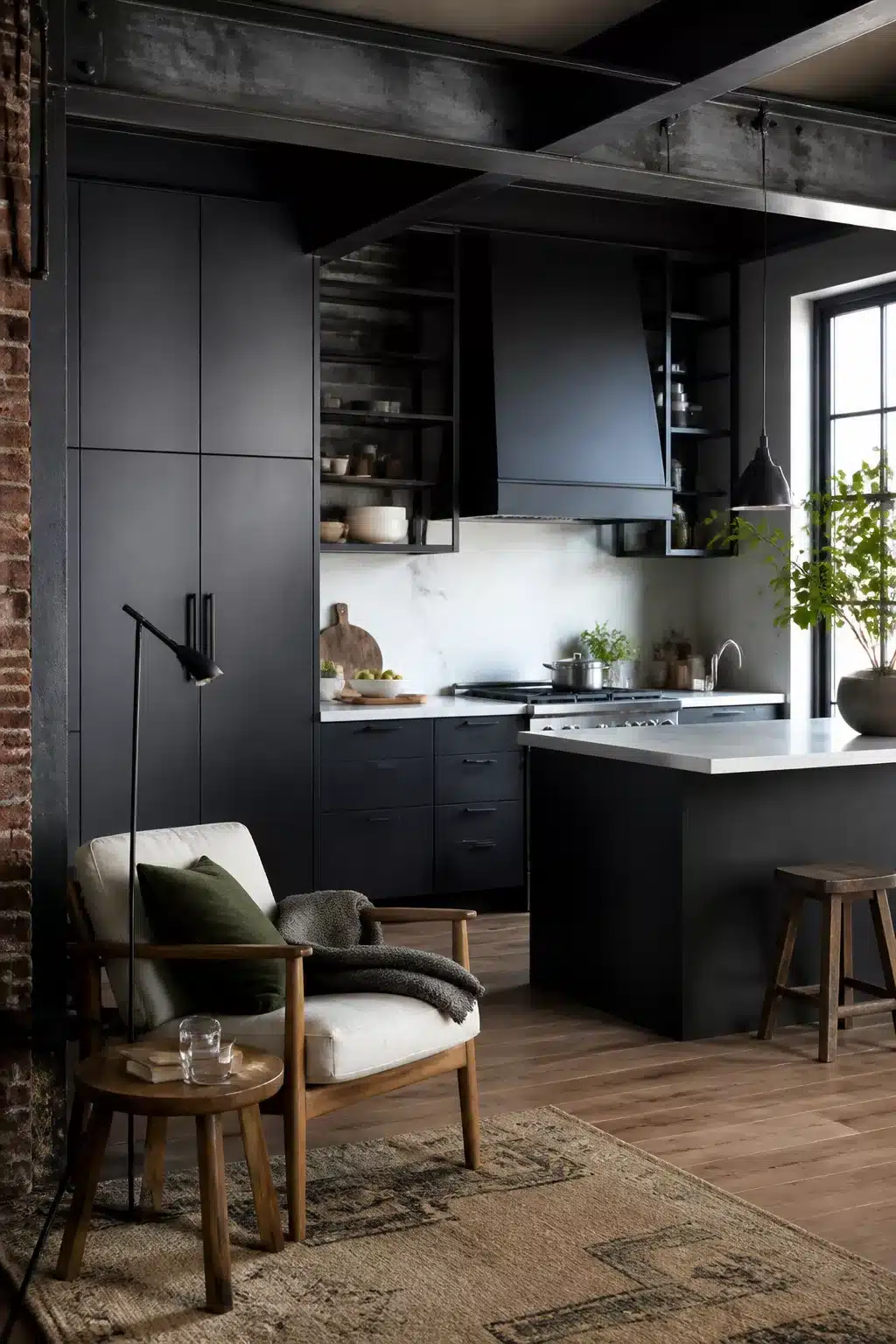 Modern industrial kitchen with matte charcoal cabinets, marble backsplash, exposed steel beams, and warm wood floors.