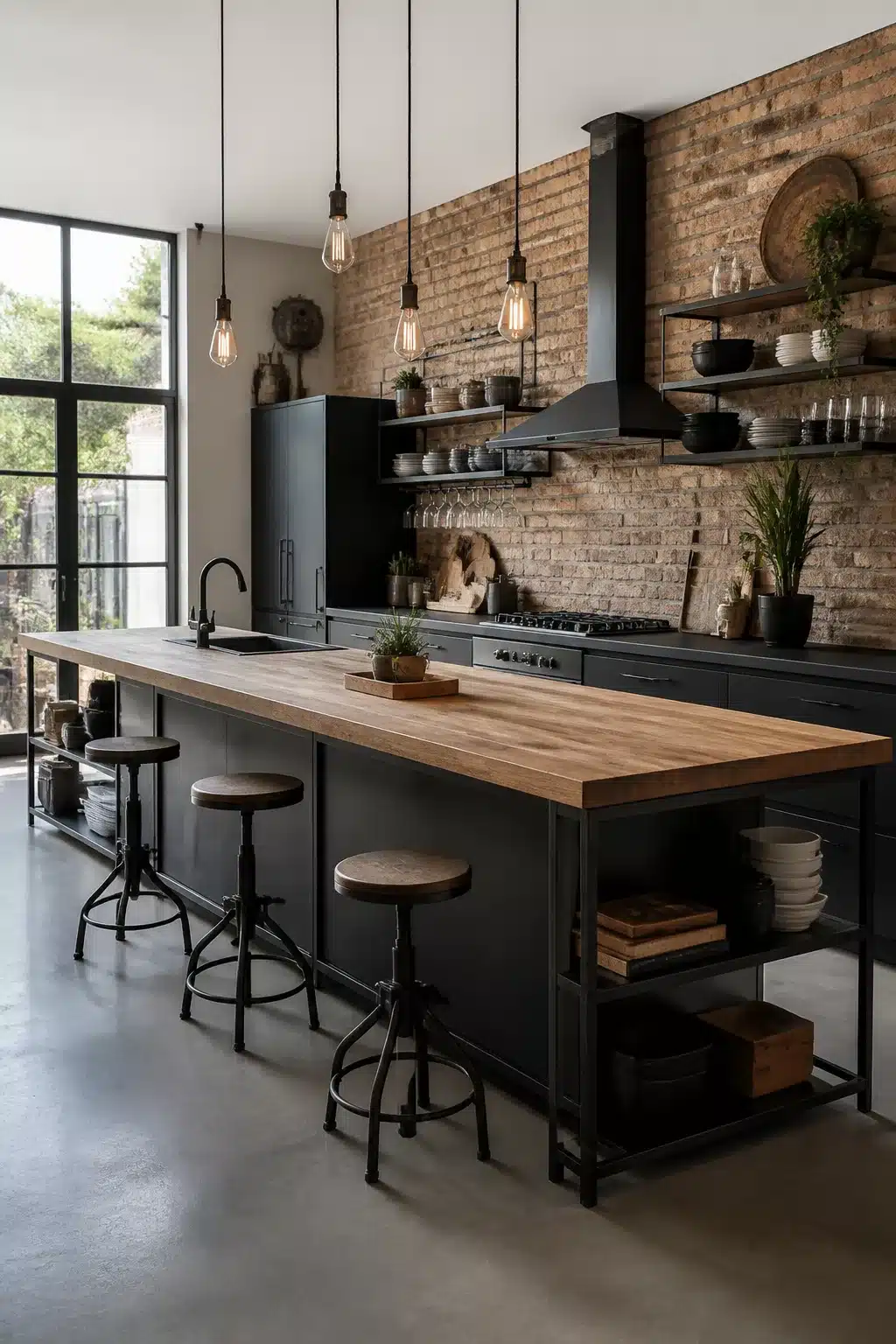 Modern industrial kitchen with butcher block island, black steel frame, Edison pendants, and exposed brick wall