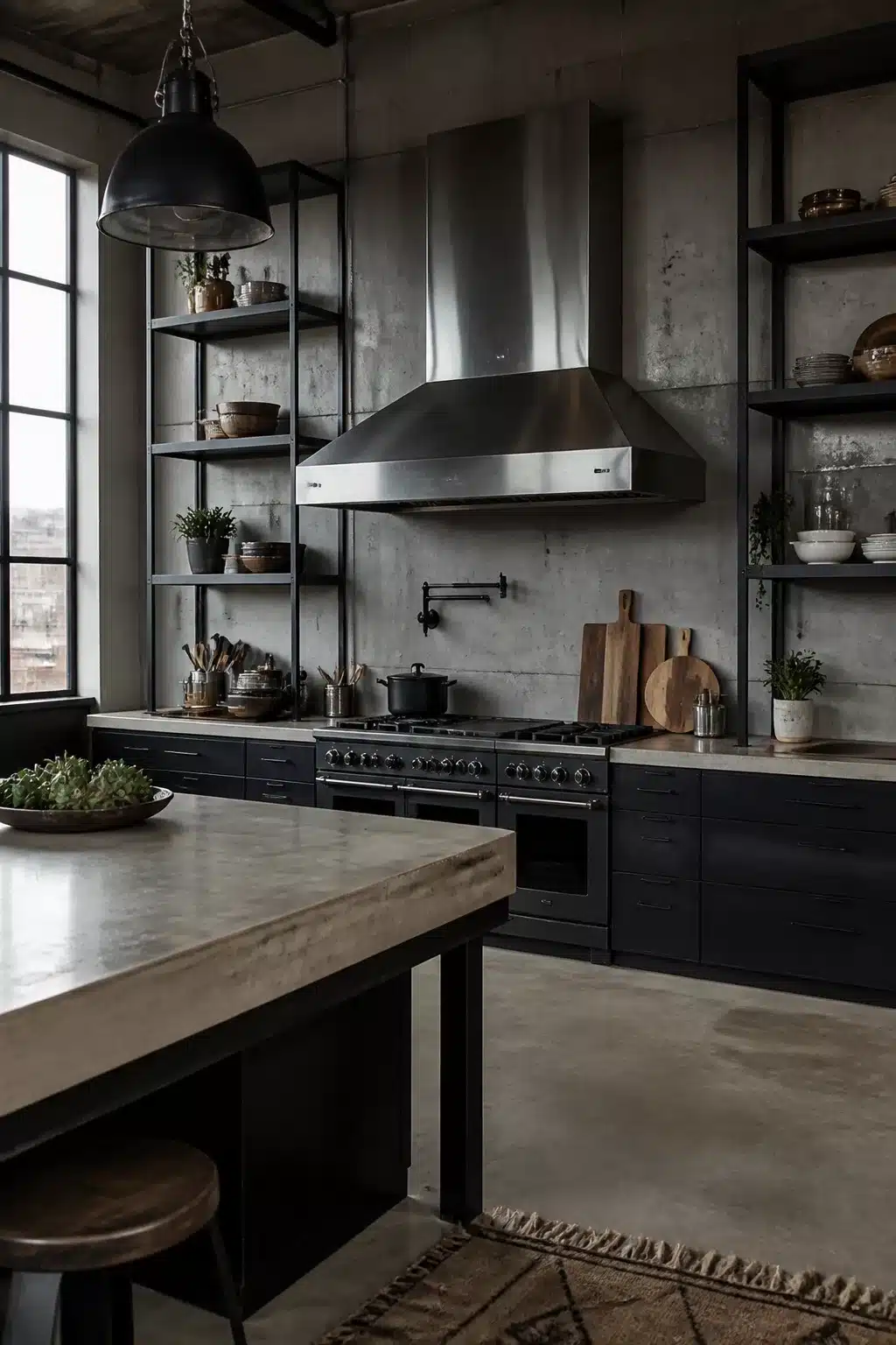 Modern industrial kitchen with stainless steel range hood, raw concrete walls, and open steel shelving