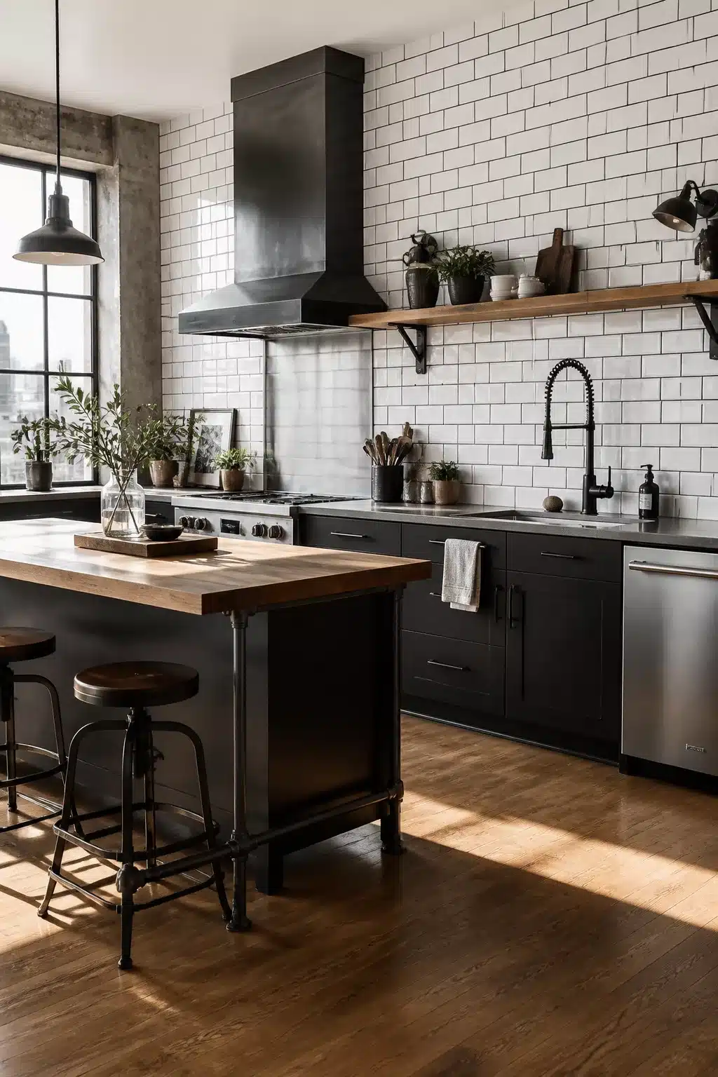 Modern industrial kitchen with white subway tile, dark grout, black cabinets, and butcher block island on iron legs.