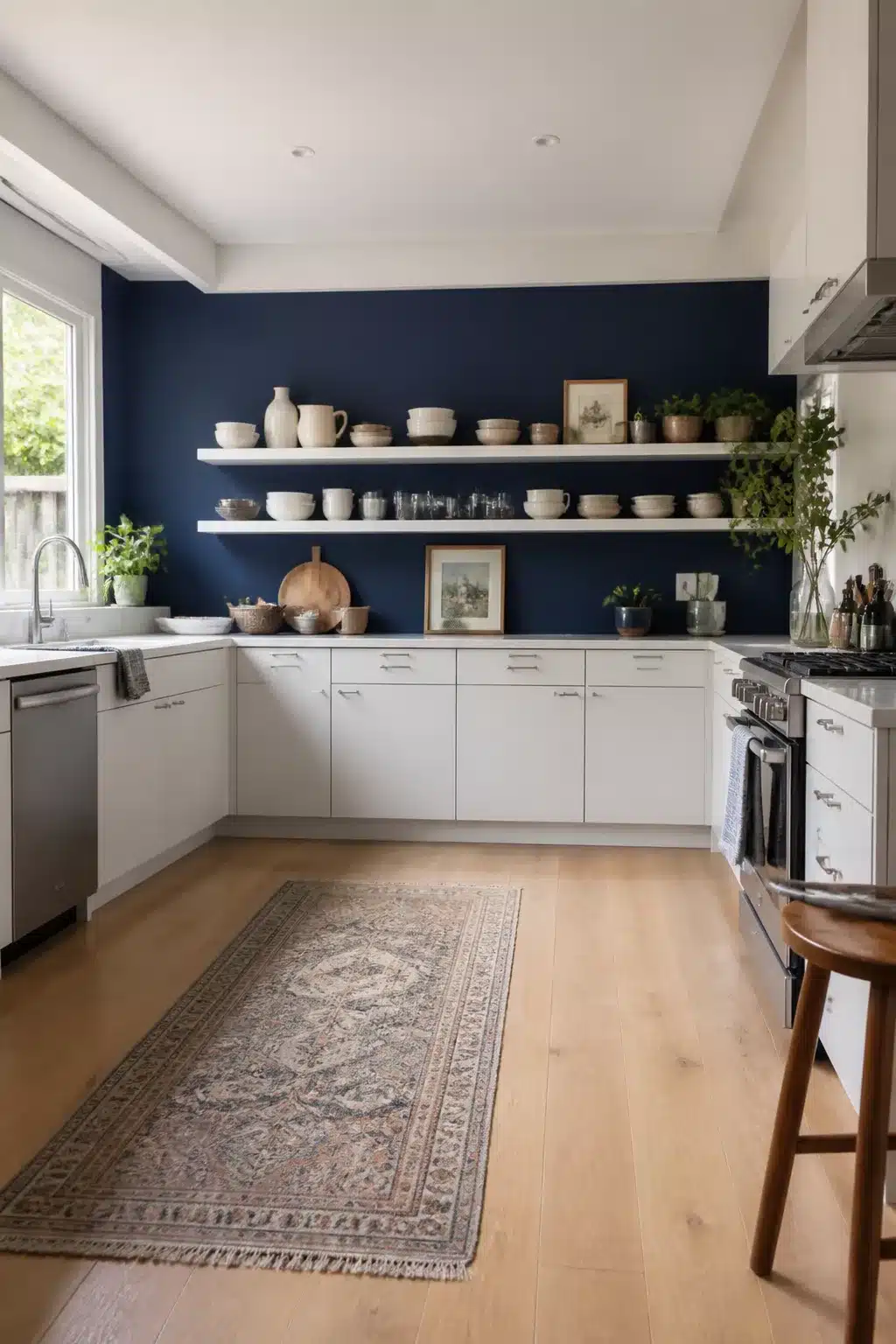 Navy kitchen accent wall with white floating shelves styled with cream ceramics and greenery above white cabinets