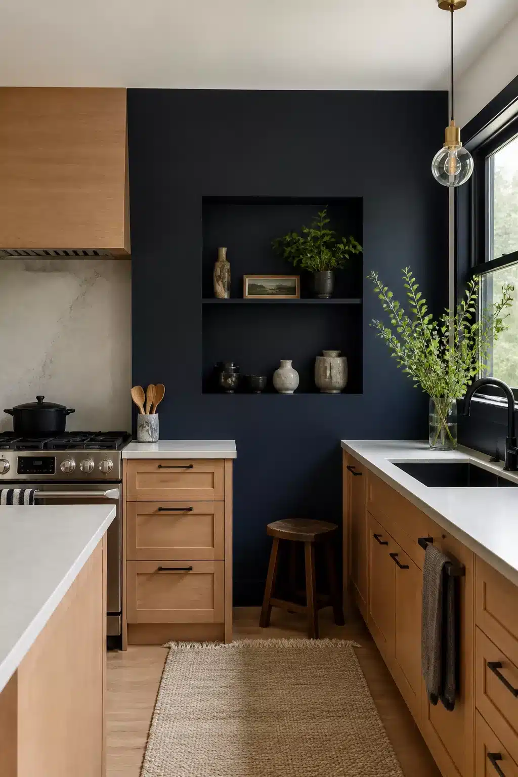 Navy kitchen accent wall with integrated display niche, warm oak cabinets, white countertops, and matte black hardware.