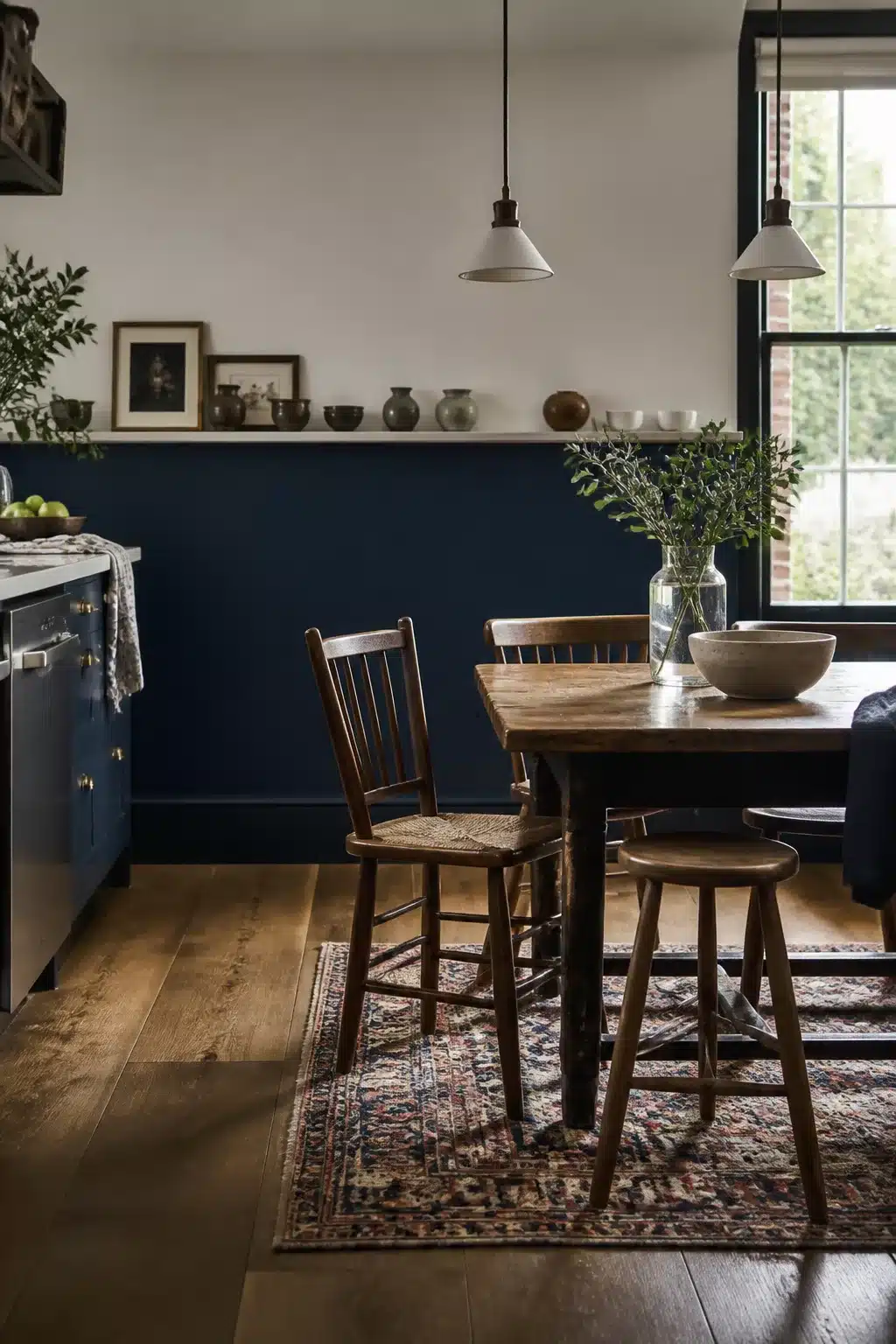 Navy kitchen accent wall as a painted half-wall with white ledge shelf, warm oak floors, and rustic dining table