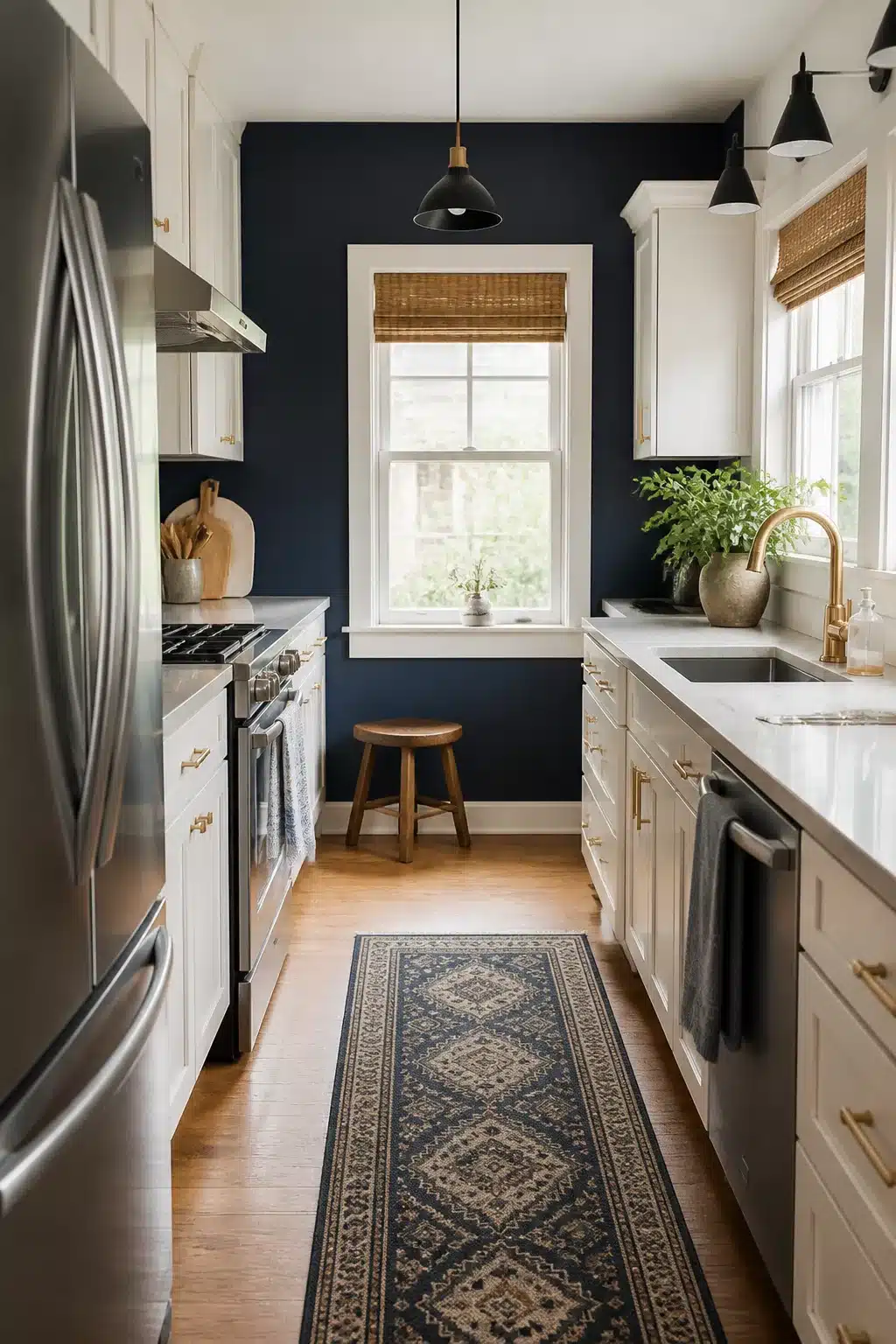 Navy kitchen accent wall in a white galley kitchen with brass hardware, woven shades, and a navy runner rug
