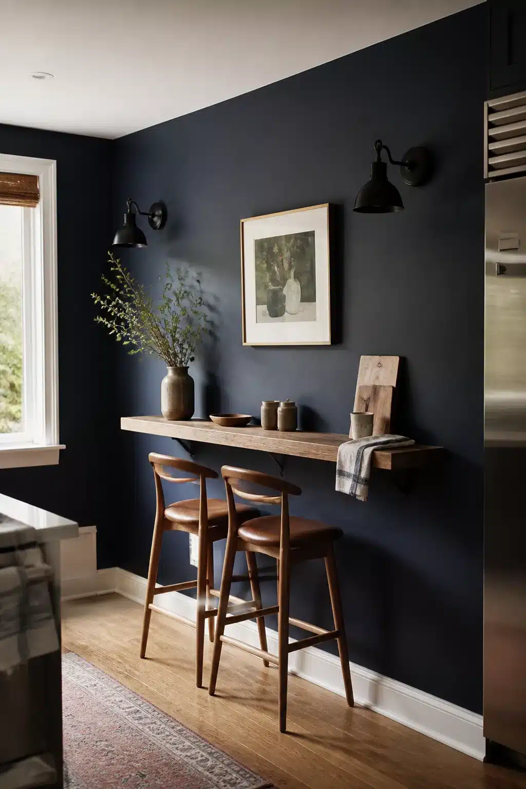Navy kitchen accent wall with raw wood floating breakfast bar, leather stools, and black wall sconces