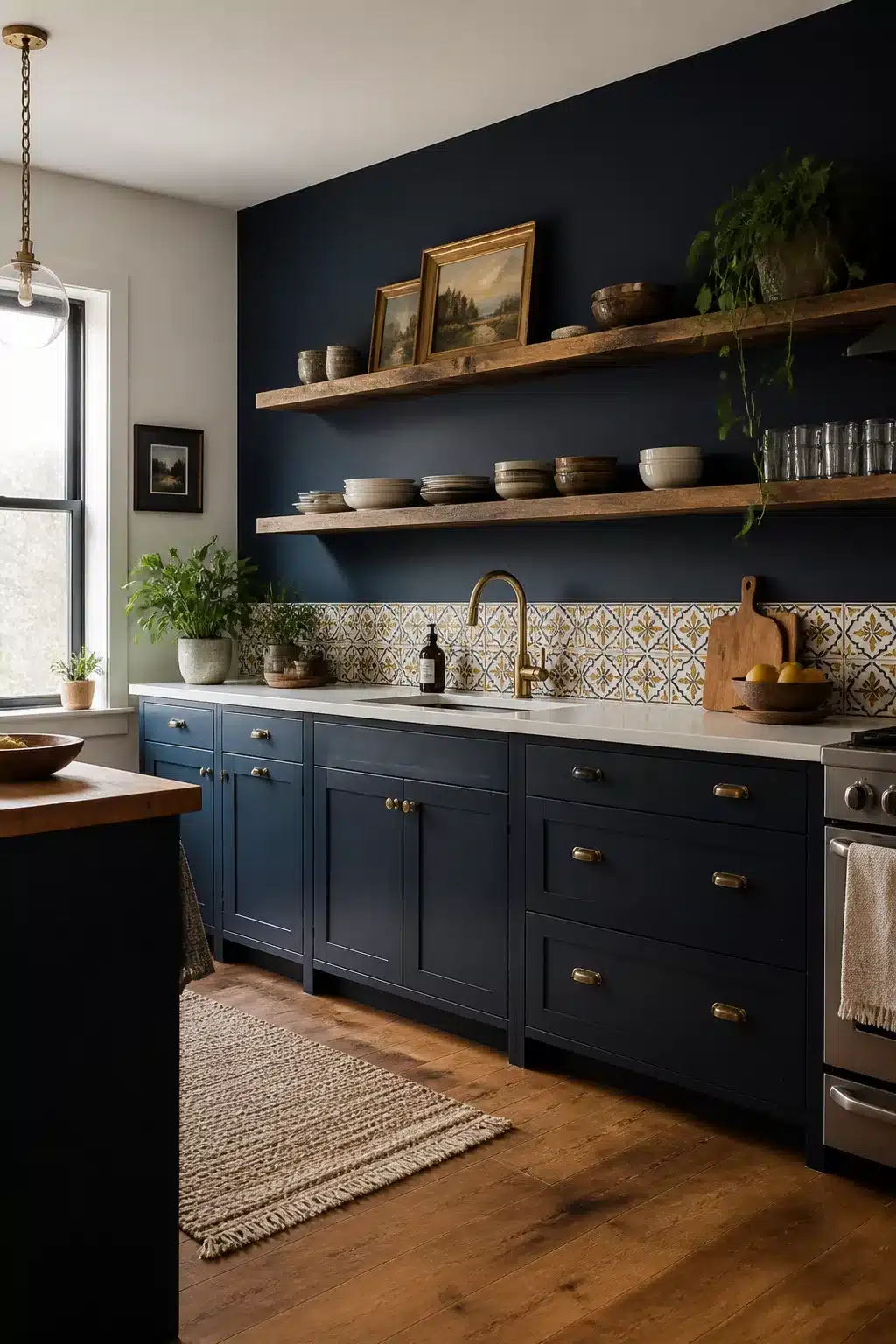 Navy kitchen accent wall with Moroccan tile border, brass hardware, raw wood shelves, and shaker cabinets.