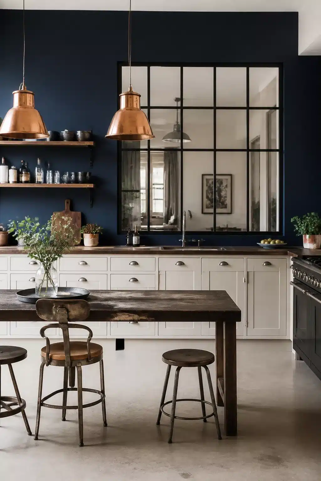Navy kitchen accent wall with black steel-frame internal window, copper pendants, cream shaker cabinets and rustic wood table