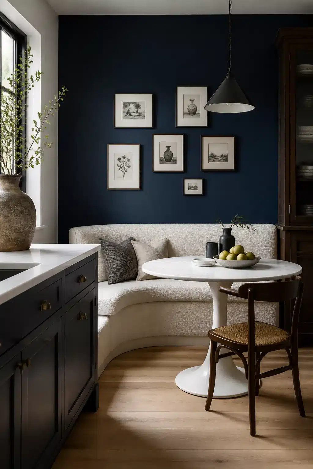 Navy kitchen accent wall behind a curved boucle built-in banquette with a round tulip table and gallery wall.