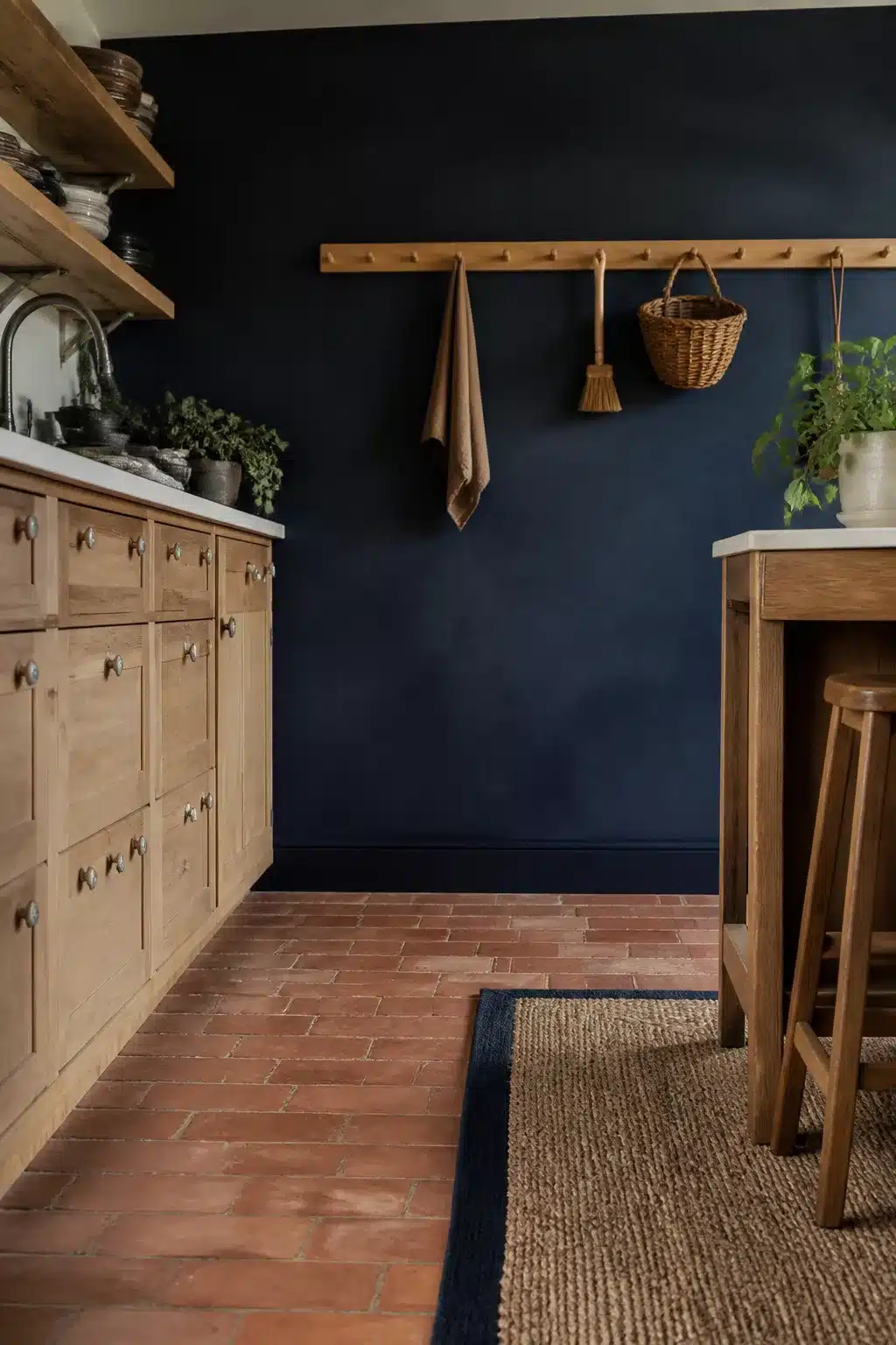 Navy limewash kitchen accent wall with oak cabinets, terracotta brick floor tiles, and a peg rail