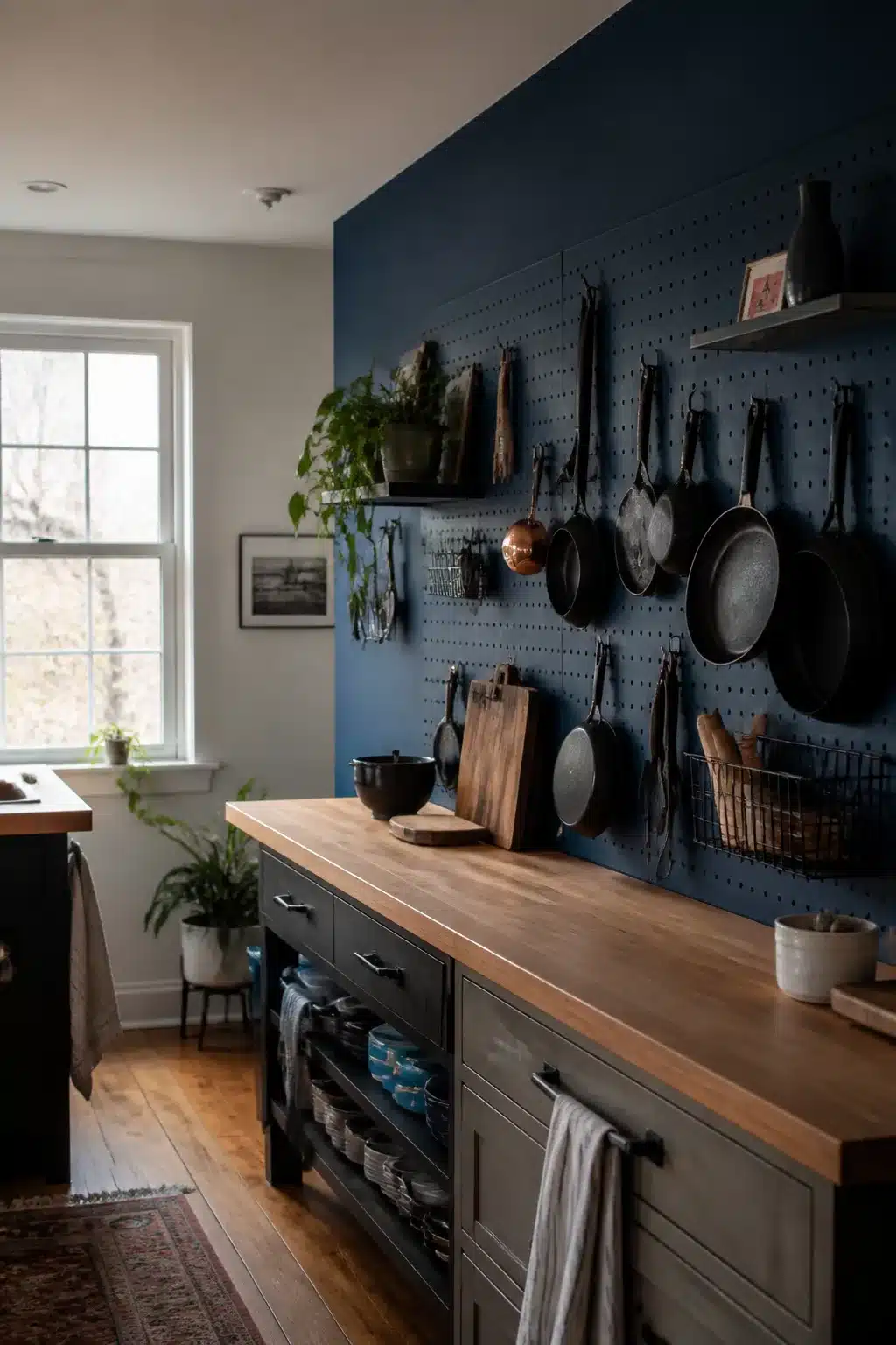 Navy kitchen accent wall with pegboard storage, hanging cast iron pans, and butcher block counter