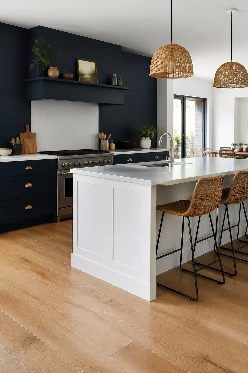 Navy kitchen accent wall with brass cup pull cabinets, white island, rattan pendants, and light oak floors