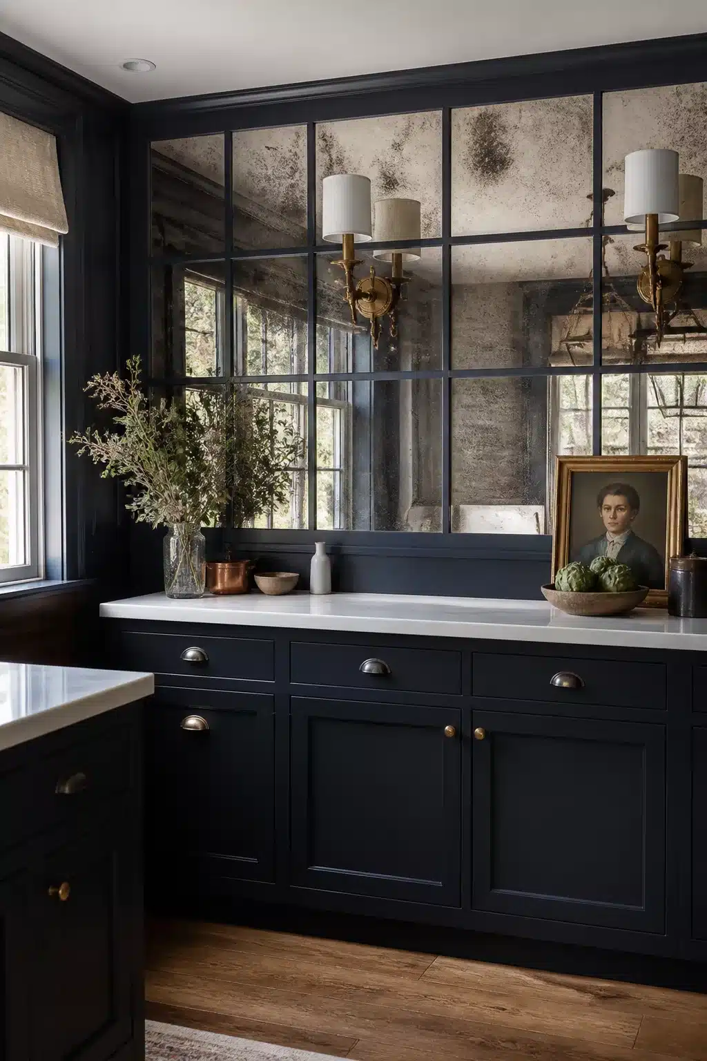 Navy kitchen accent wall with antique mirror tiles, navy lower cabinets, brass hardware, and foxed mirror panels.