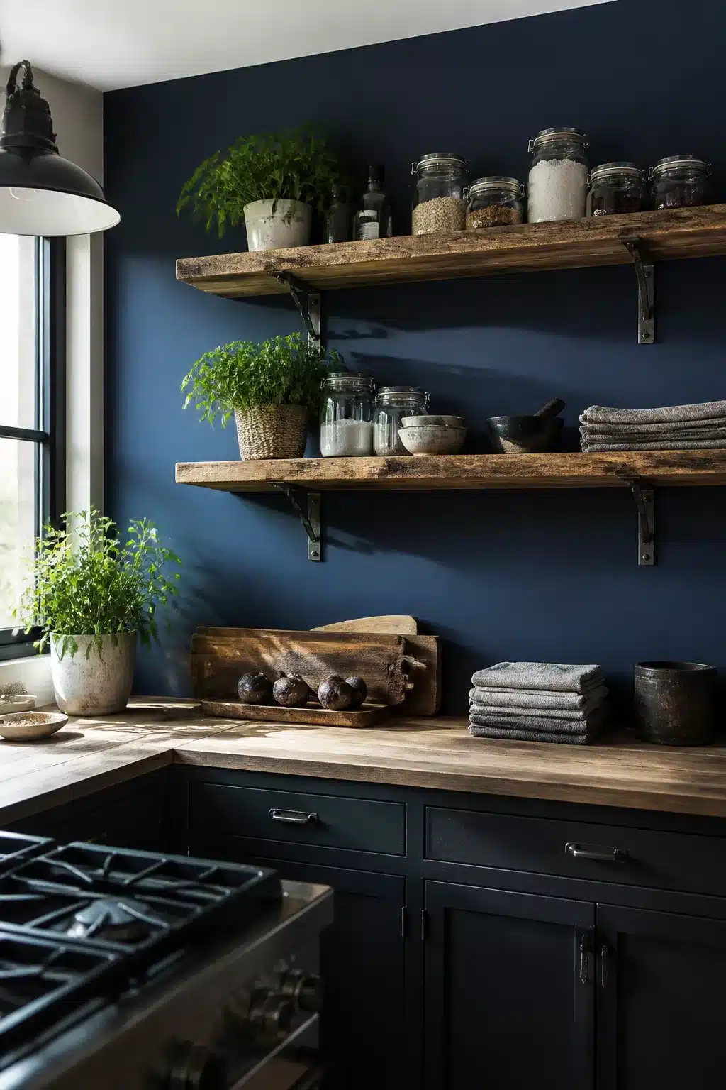 Navy kitchen accent wall with reclaimed wood open shelves, dark cabinets, and butcher block counter