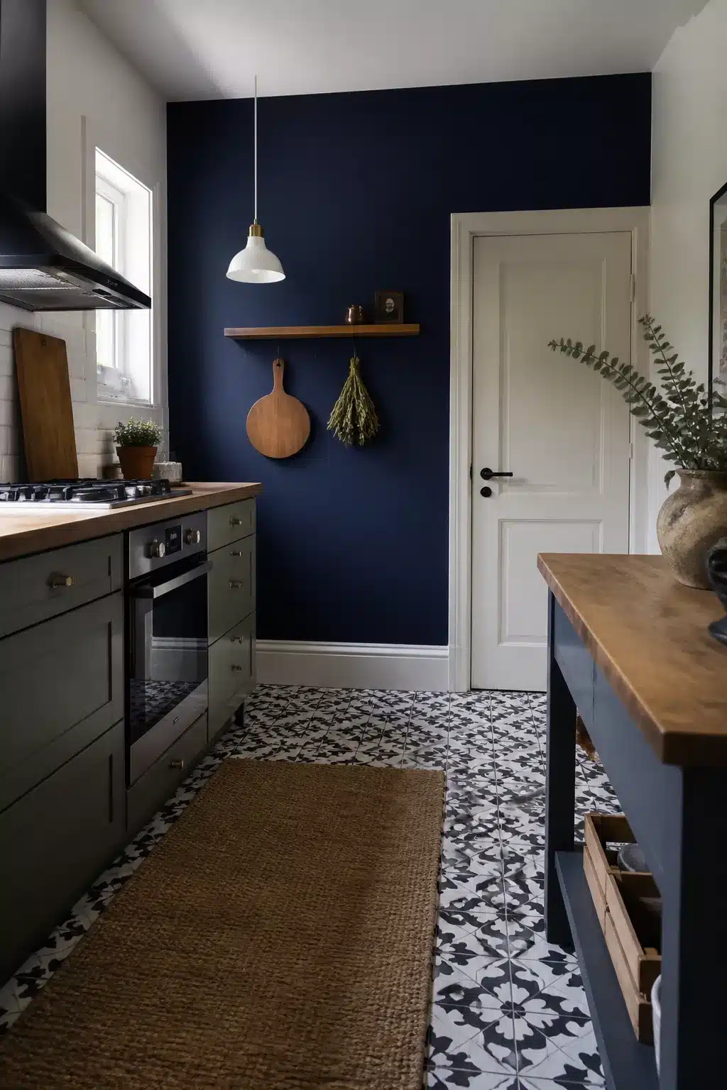 Navy kitchen accent wall paired with graphic black and white cement tile floor, dark green cabinets, and butcher block counters